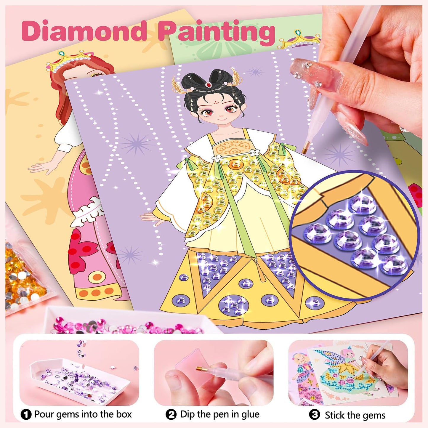 Zhoc Art Craft Activity For Kids, Paper Craft Kits - Paper Makeup Diy Girls Toy Kit With Diamond Painting & Princess Dress Up Se
