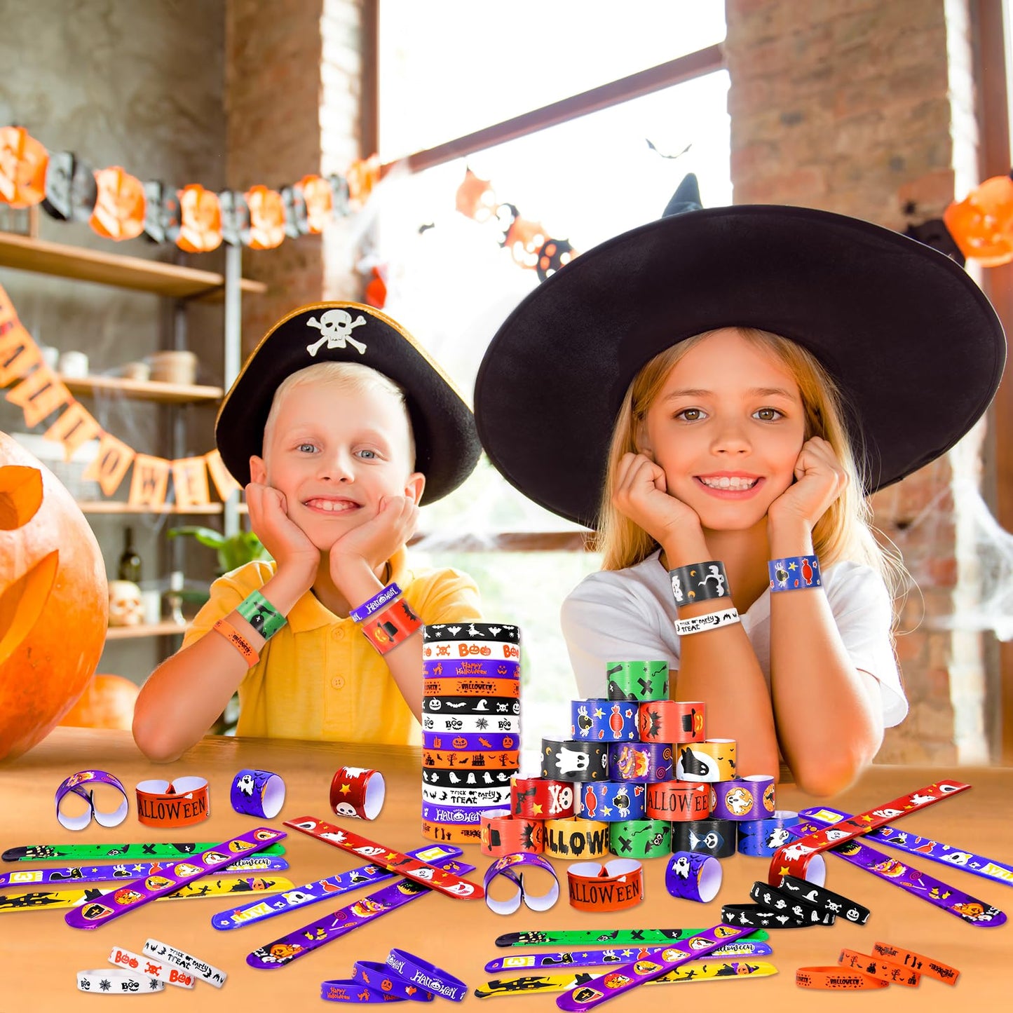 Garma 48Pcs Halloween Slap Bracelets Rubber Wristbands For Halloween Party Favors, Kids Girls Boys Toddlers Halloween Gifts