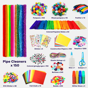 FUNZBO Arts and Crafts Supplies for Kids - Crafts Kits with Pipe Cleaners, Construction Paper, Pom poms, Googly Eyes, Crafts for