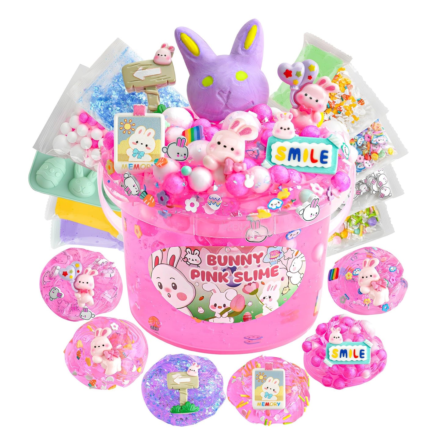 Lawoho Bunny Clear Slime 300Ml, Pink Clear Slime Kit For Girls Ages 8-12 With 8 Add-Ins, Slime For Kids Party Favors, Non Stick Slime With Easter Eggs Clay, Birthday Halloween Christmas Easter Gifts