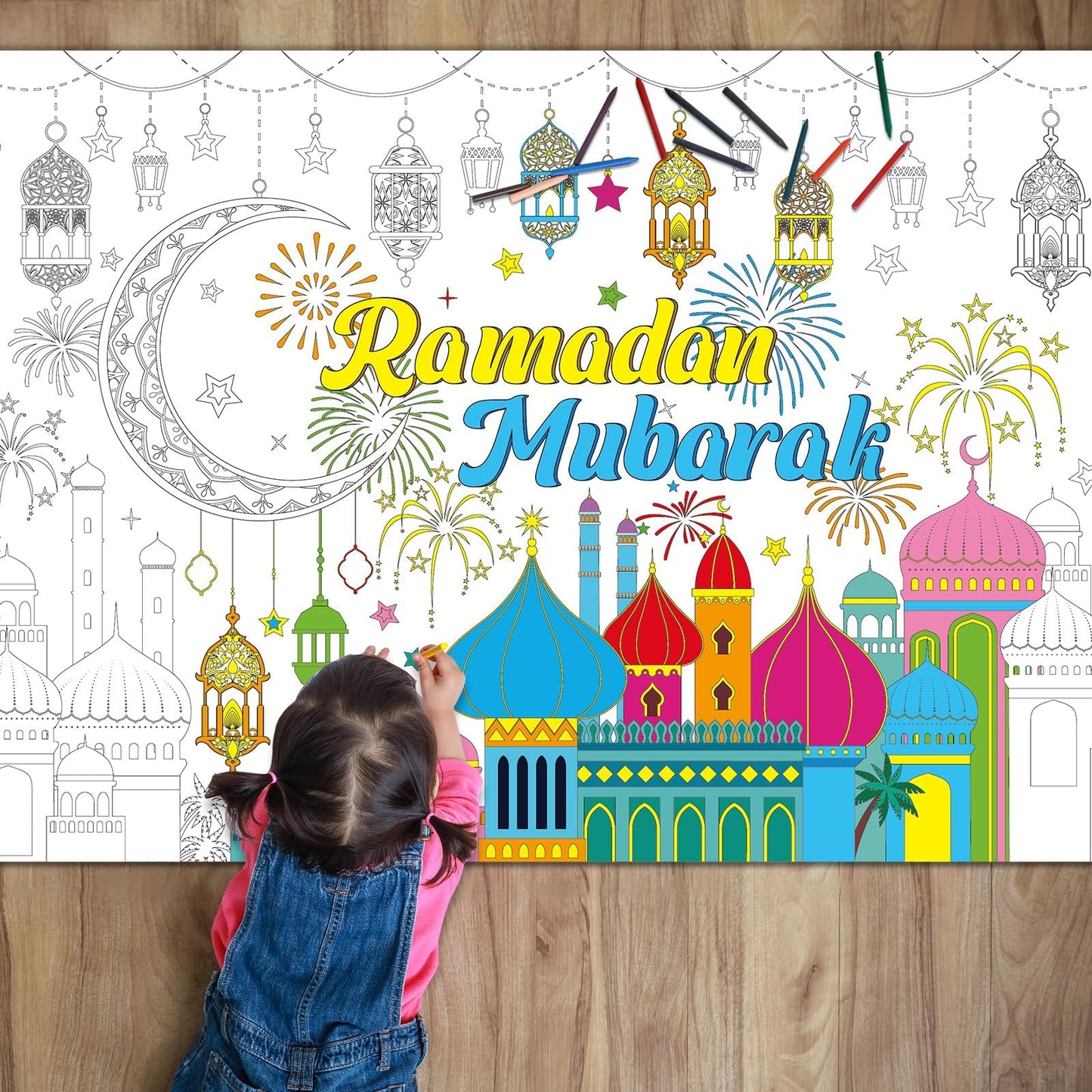 Naozinebi Ramadan Mubarak Coloring Poster For Kids Giant Coloring Poster Large Ramadan Kareem Coloring Tablecloth Jumbo Coloring
