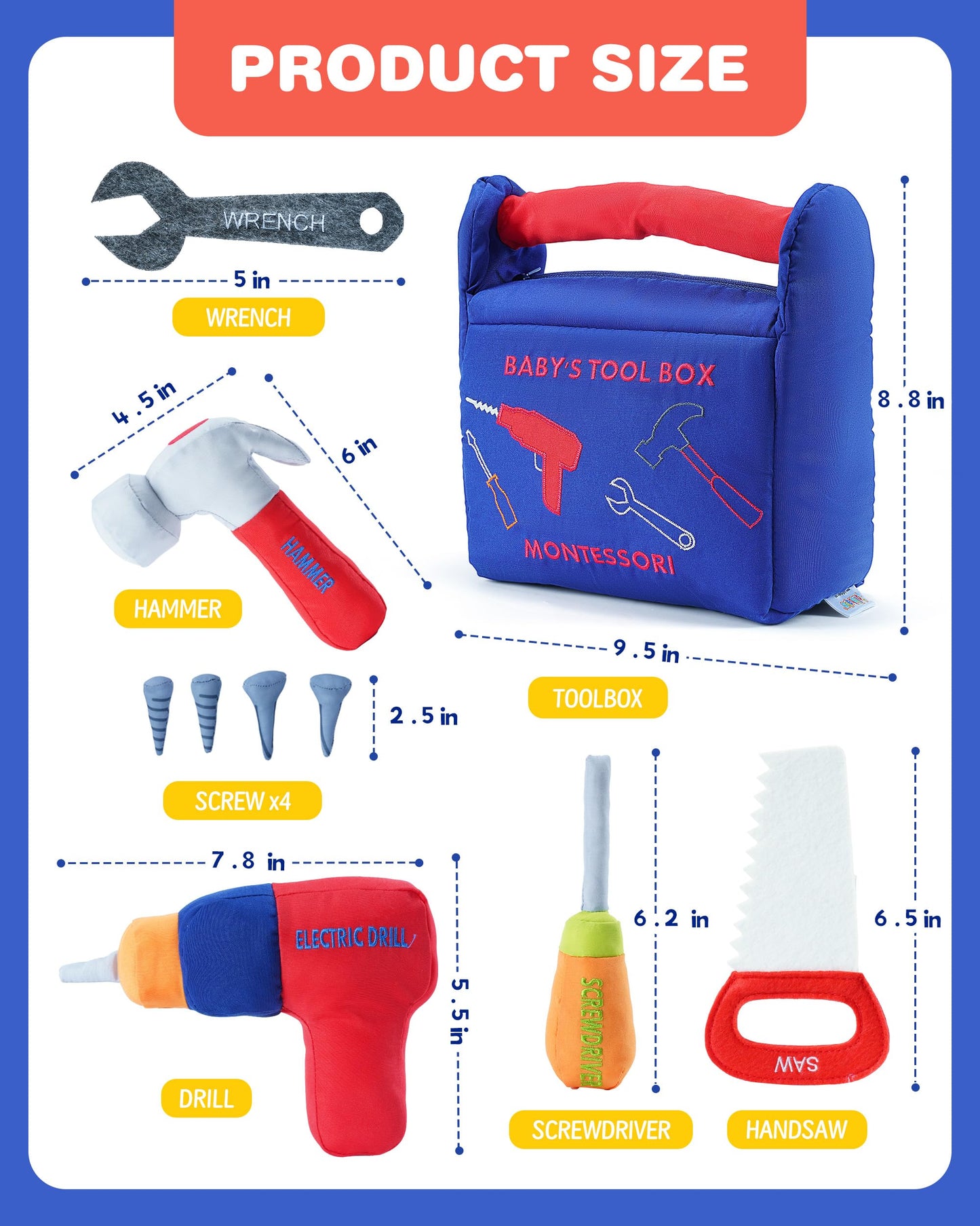 Jollybaby Soft Kid Tool Box Set - Montessori Construction Toy - Child-size - Blue - Model WLTH8176J-2