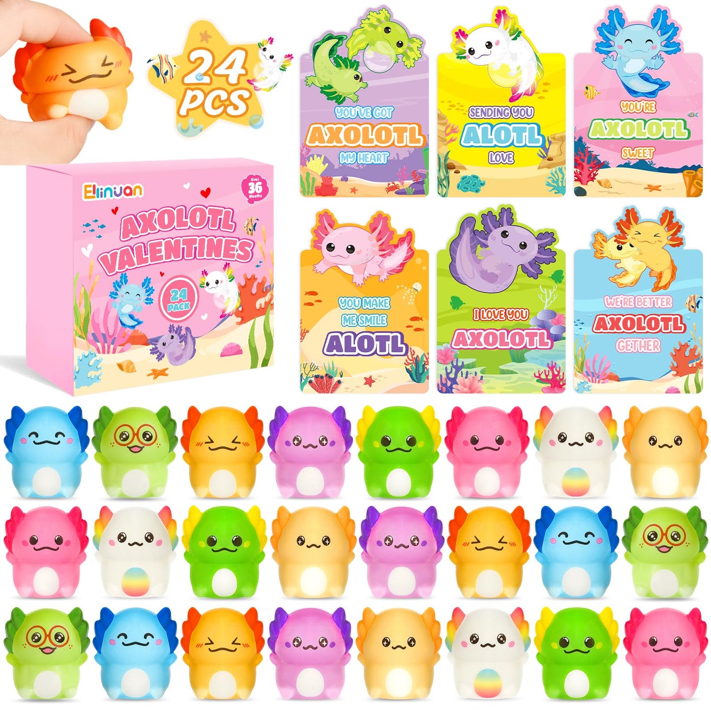 Ellinjan Valentines Day Gifts for Kids Classroom School, 24 Packs Valentines Day Card with Axolotl Squishy Toys, Valentine Kids