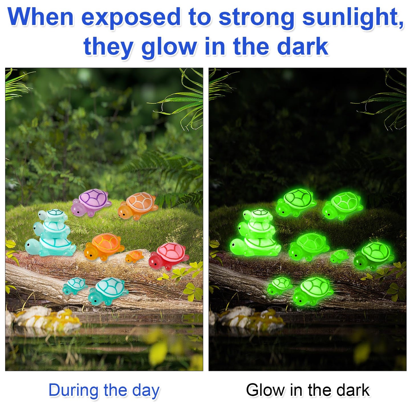 Lyreh 30Pcs Mini Resin Turtles, 3 Sizes Miniature Tiny Cute Figurines 10 Colors Glow In The Dark Micro Figures Small Resin Anima