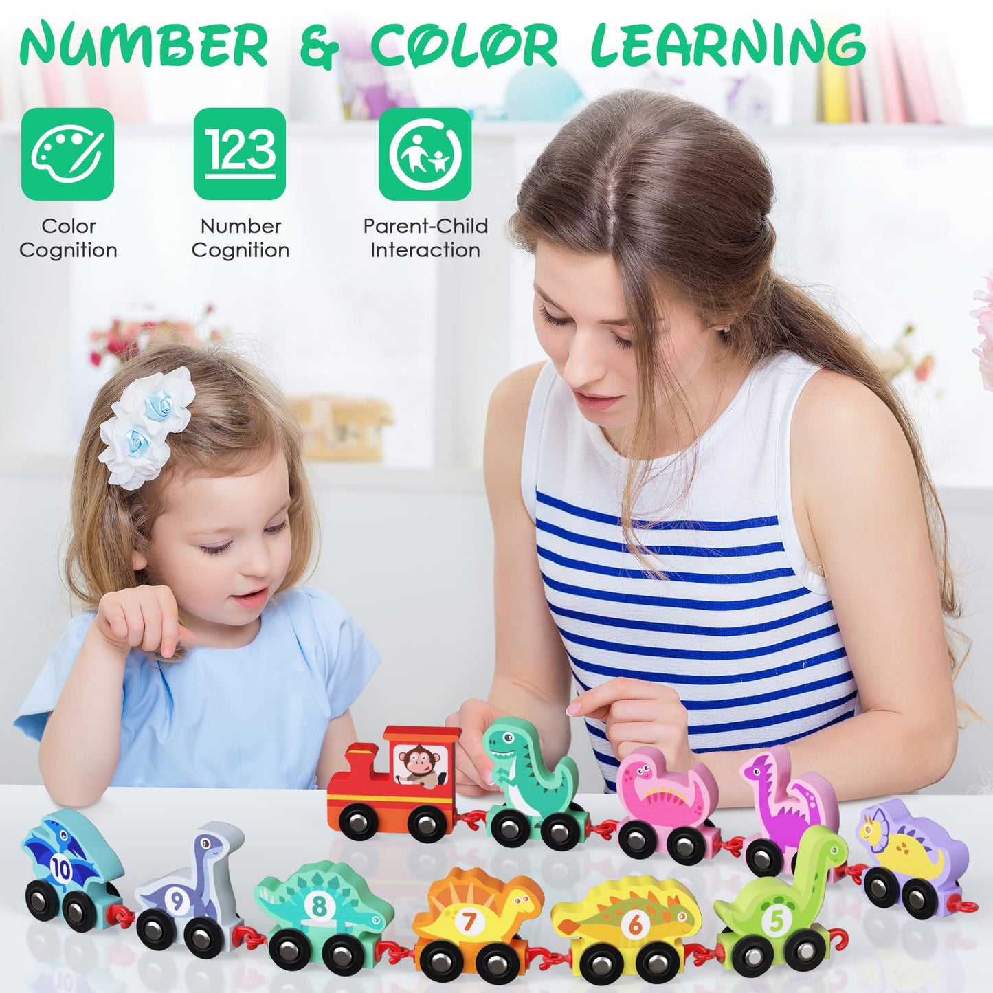 Hellowood Dinosaur Toys For Toddlers Age 2-4, Wooden Dinosaur Train Set With Playmat/Storage Bag, Montessori Educational Toys For 2+ Years Old Boys & Girls