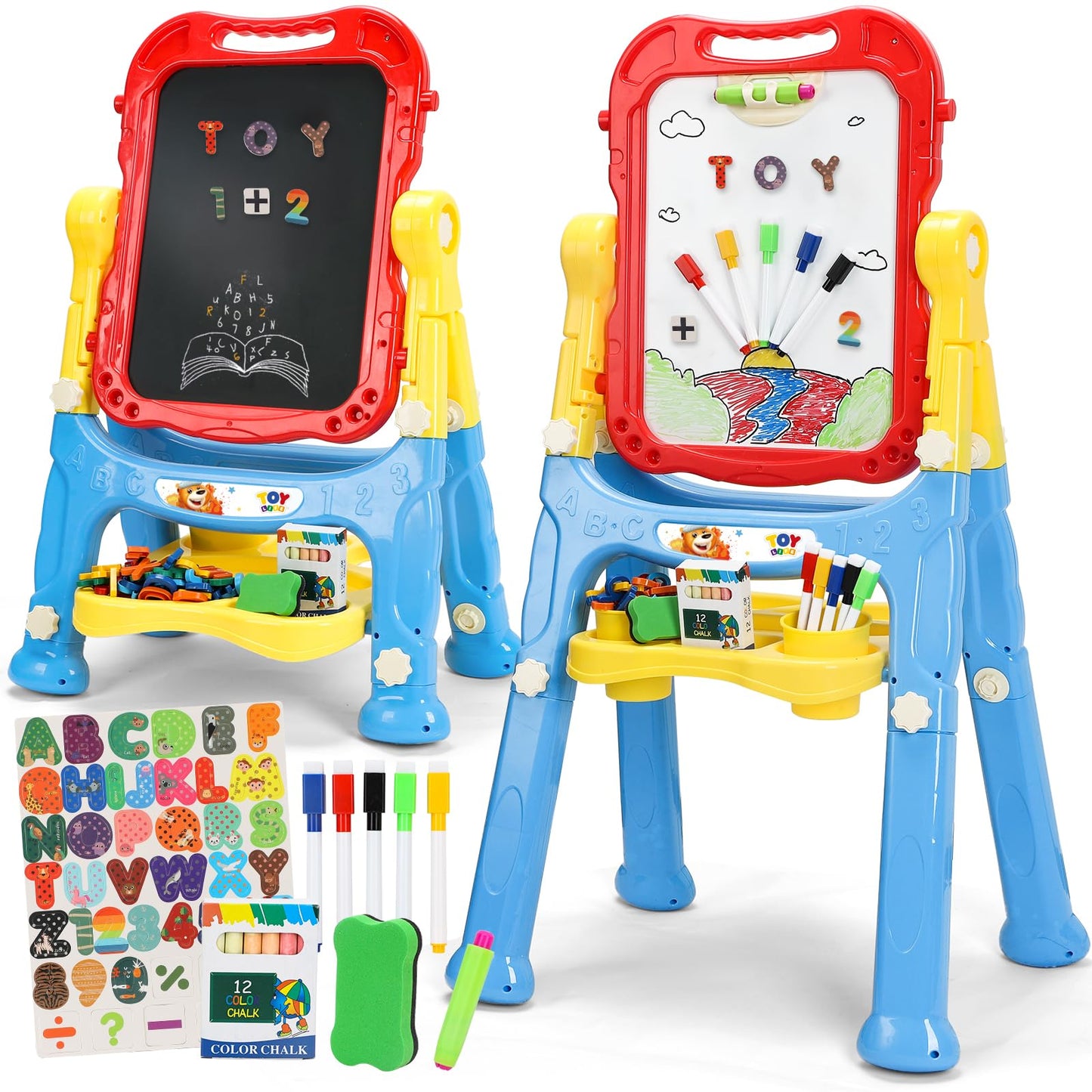 STEAM Life Large Art Easel for Kids, Double-Sided 4In1 Toddler Easel with Rotable Magnetic Chalkboard & White Drawing Board, Hei