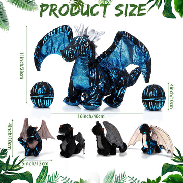 Deekin 7 Pcs Dragon Toy Set - 16" Plush Stuffed Animal with 4 Baby Dragons & 2 Eggs - Perfect Gift for Boys & Girls