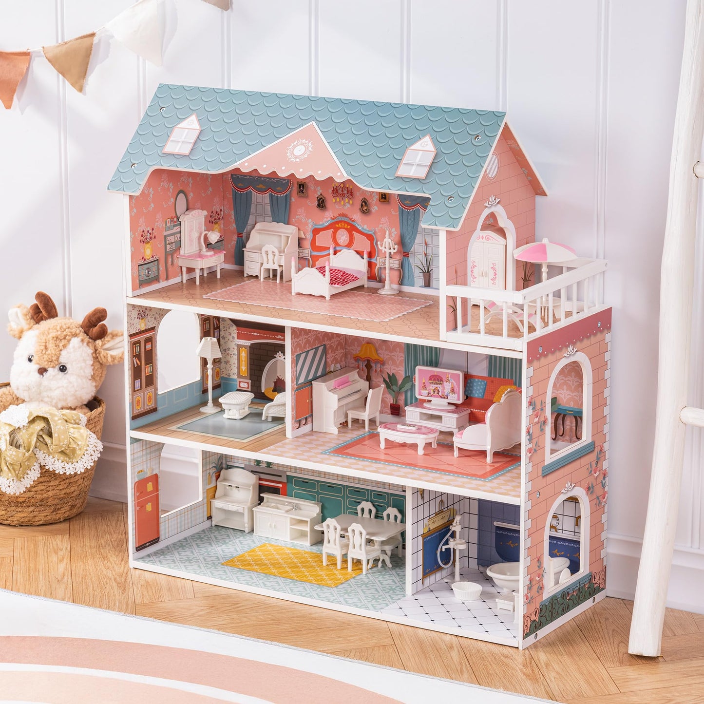 ROBUD Wooden Dollhouse for Kids, 3-6 Years, Blue, Includes Furniture, Model WDH01
