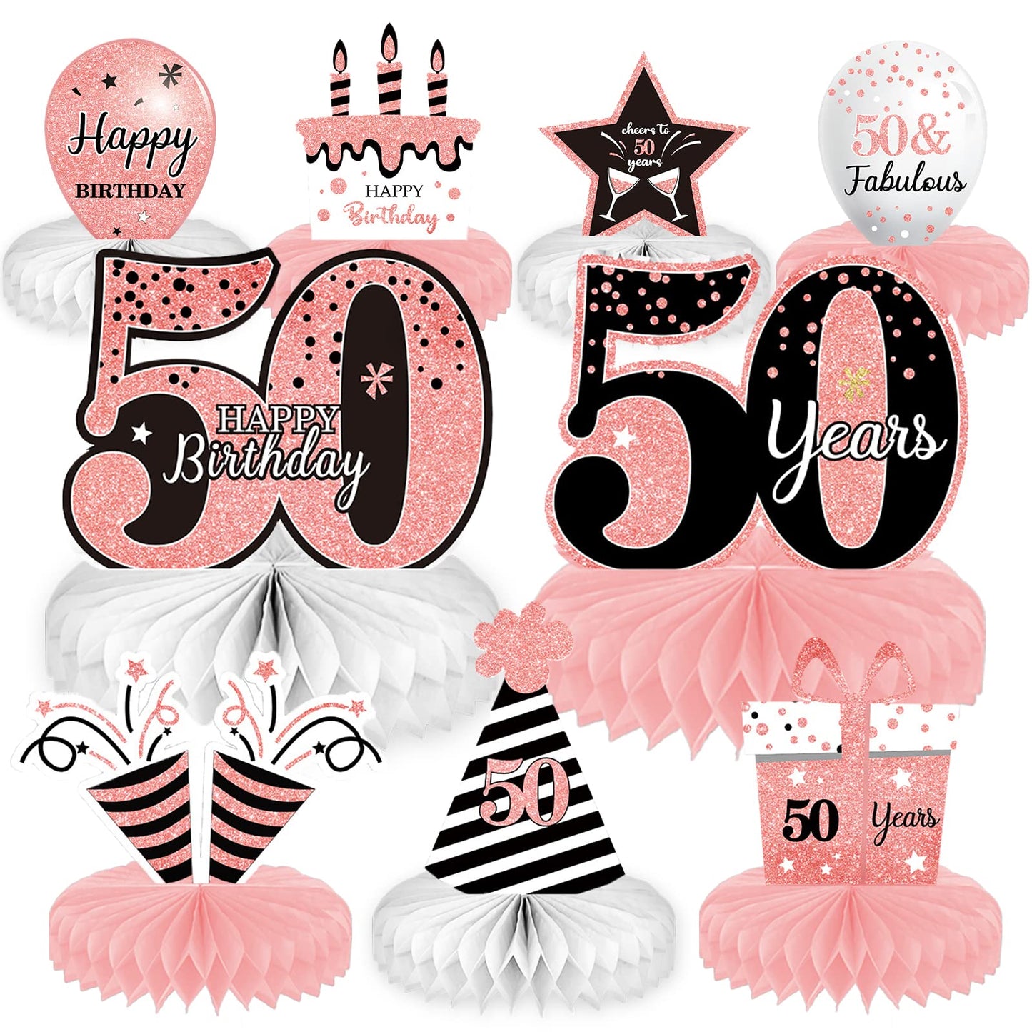 9 Pieces Rose Gold 50th Birthday decorations for Women Pink 50th birthday centerpieces for Table Decorations Cheers to 50 Years