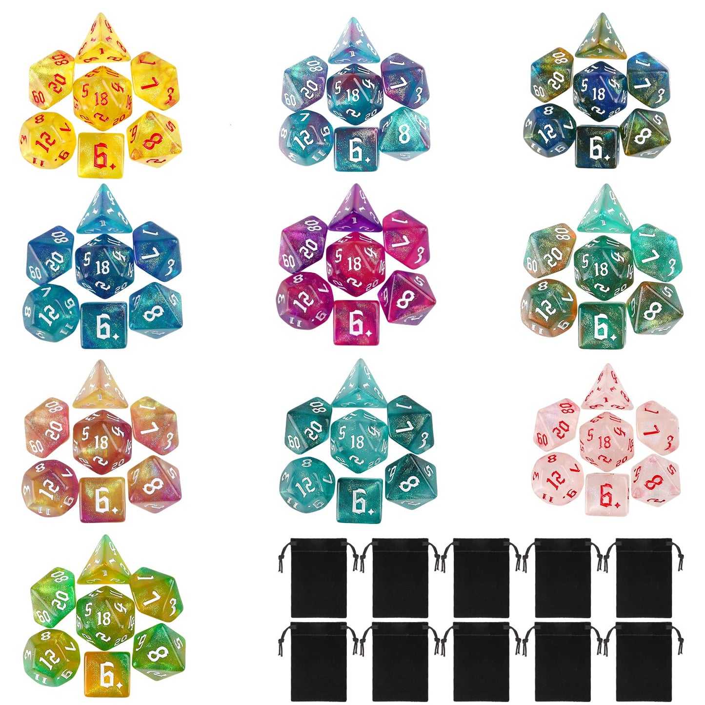 Surhugvy DND Dice Set, 10 X 7 (70 Pieces) Polyhedral Dice Set for Dungeons and Dragons DND RPG MTG Table Games with 10 Pack Blac