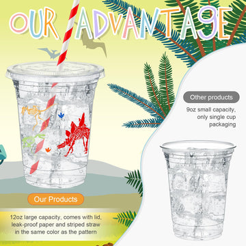 Foldtier 50 Pcs Dinosaur Cups For Kids 12 Oz Disposable Plastic Cups With Straws And Lids Dinosaur Clear Cup Birthday Party Cups