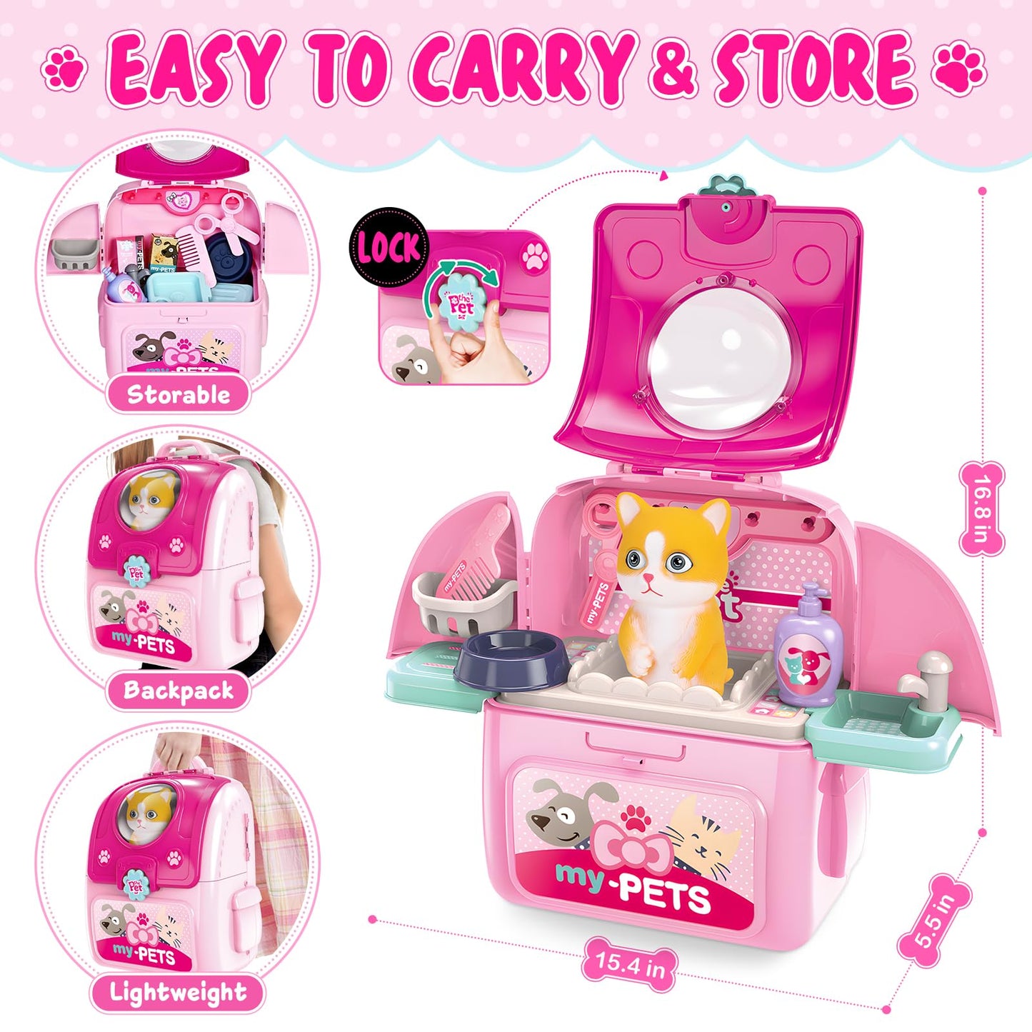 Shemira Girl Toys Gifts for 3 4 5 6 Years Old, Pet Care Playset for Kids, Pet Care Pretend Play Toys for Kids with Toy Cat &Stor