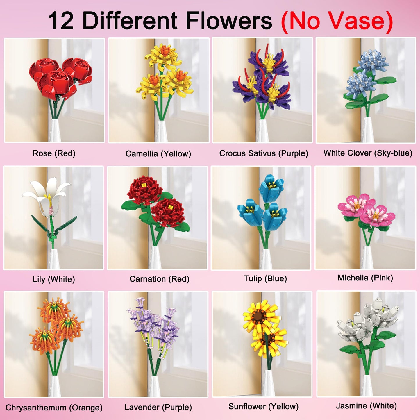 Emannon Flowers Bouquet Building Set, 12 Artificial Flowers 1064 Pcs Bricks Blocks Toy For Adults & Kids, Botanical Collection G