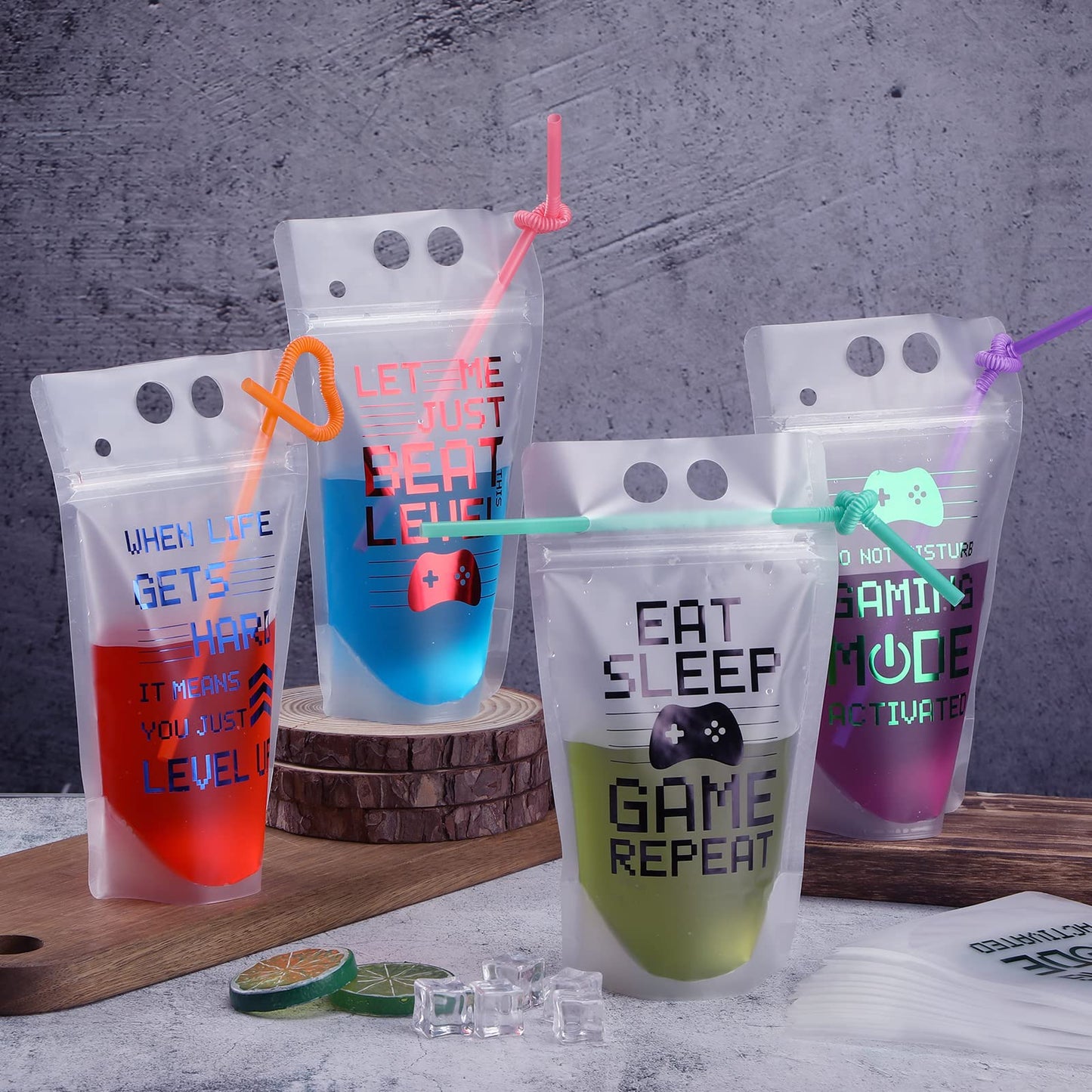 Video Game Party Favors Drink Pouch Cups With Straws Plastic Drink Pouches Clear Zipper Bags Reusable Drink Pouches For Birthday