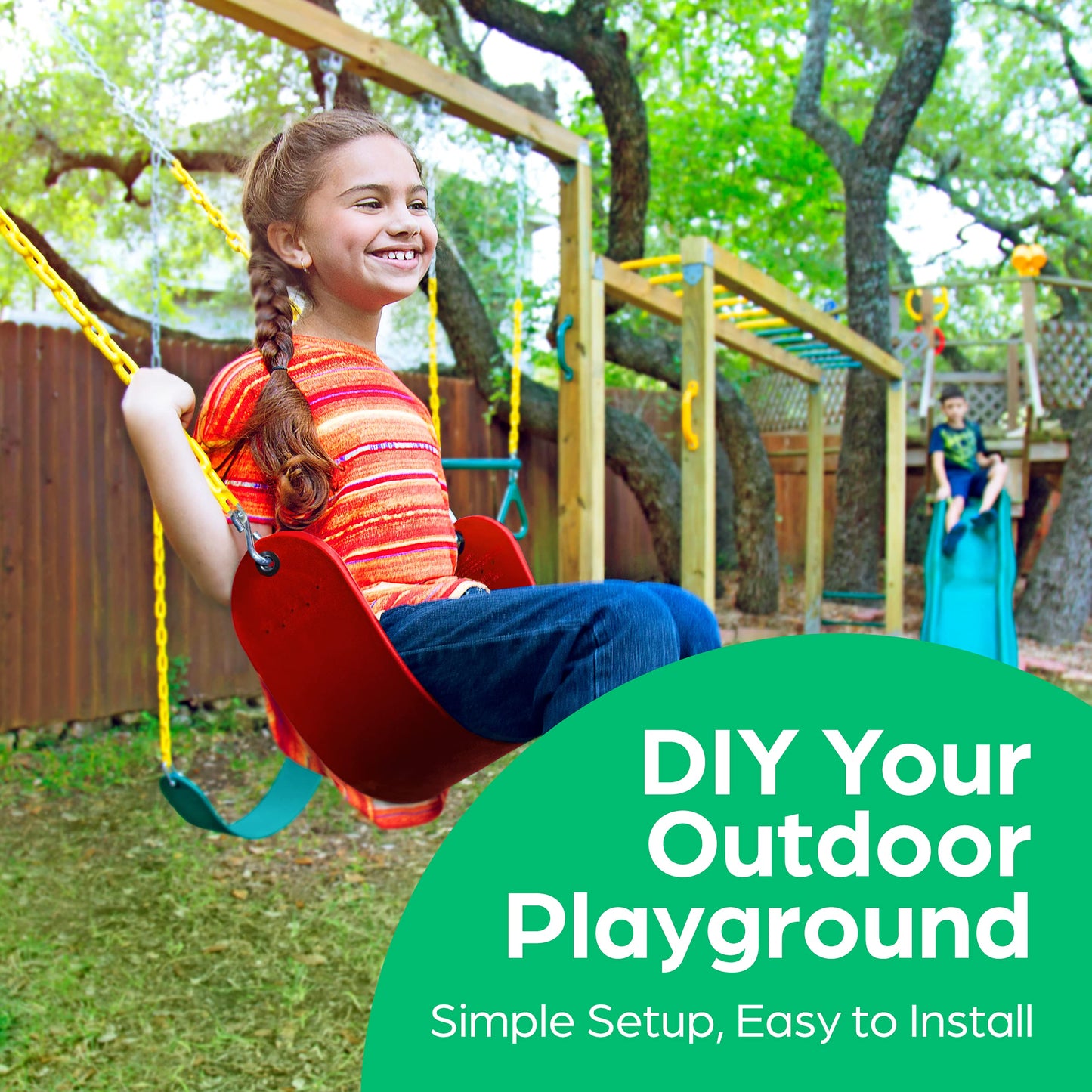 Jungle Gym Kingdom Tree Swing For Kids - Single Disc Seat And Brown Climbing Rope Set W/ Carabiner And 4 Foot Strap - Treehouse