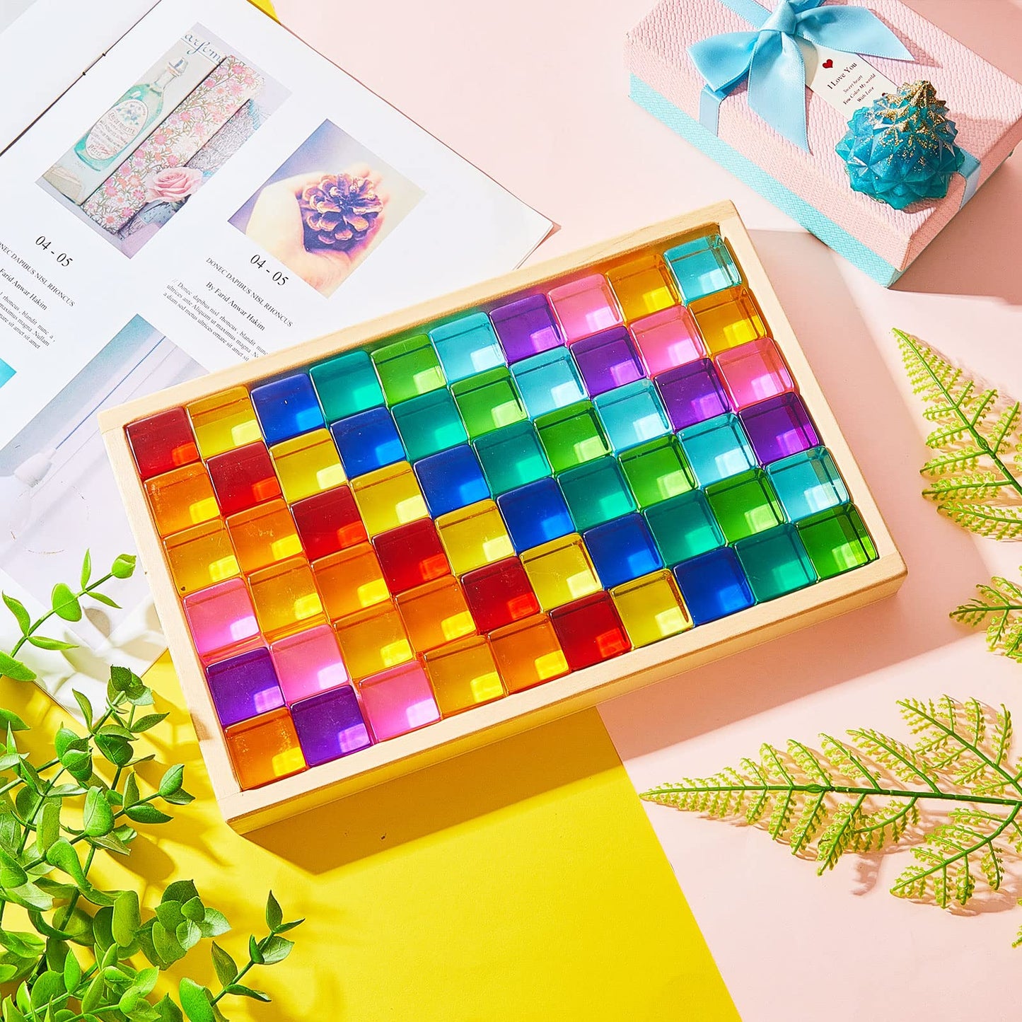 Meooeck 60 Pcs Acrylic Gem Cubes Blocks Translucent Rainbow Building Cubes Crystal Educational Sensory Training Stacking Toys with Wooden Storage Boxes School Supplies Birthday Gift