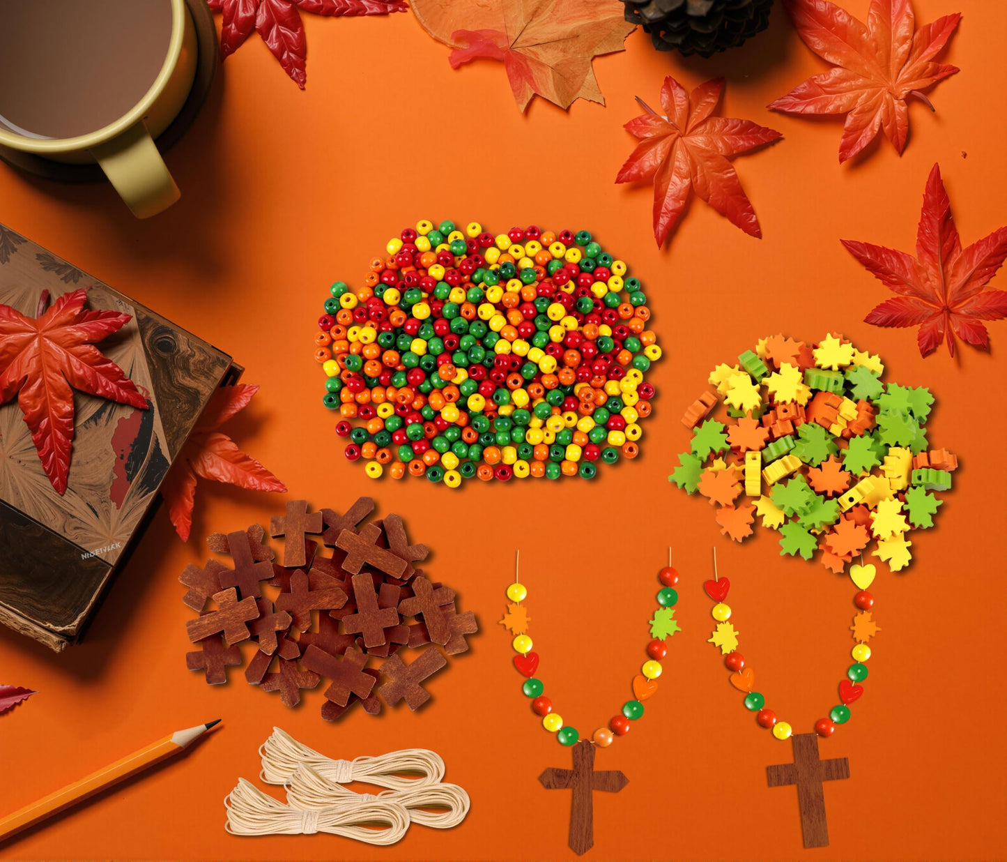 Eternity sky 27Pcs Fall Crafts for Kids - Thanksgiving DIY Religious Wooden Cross Beads Christian Necklace Kit for Autumn Sunday