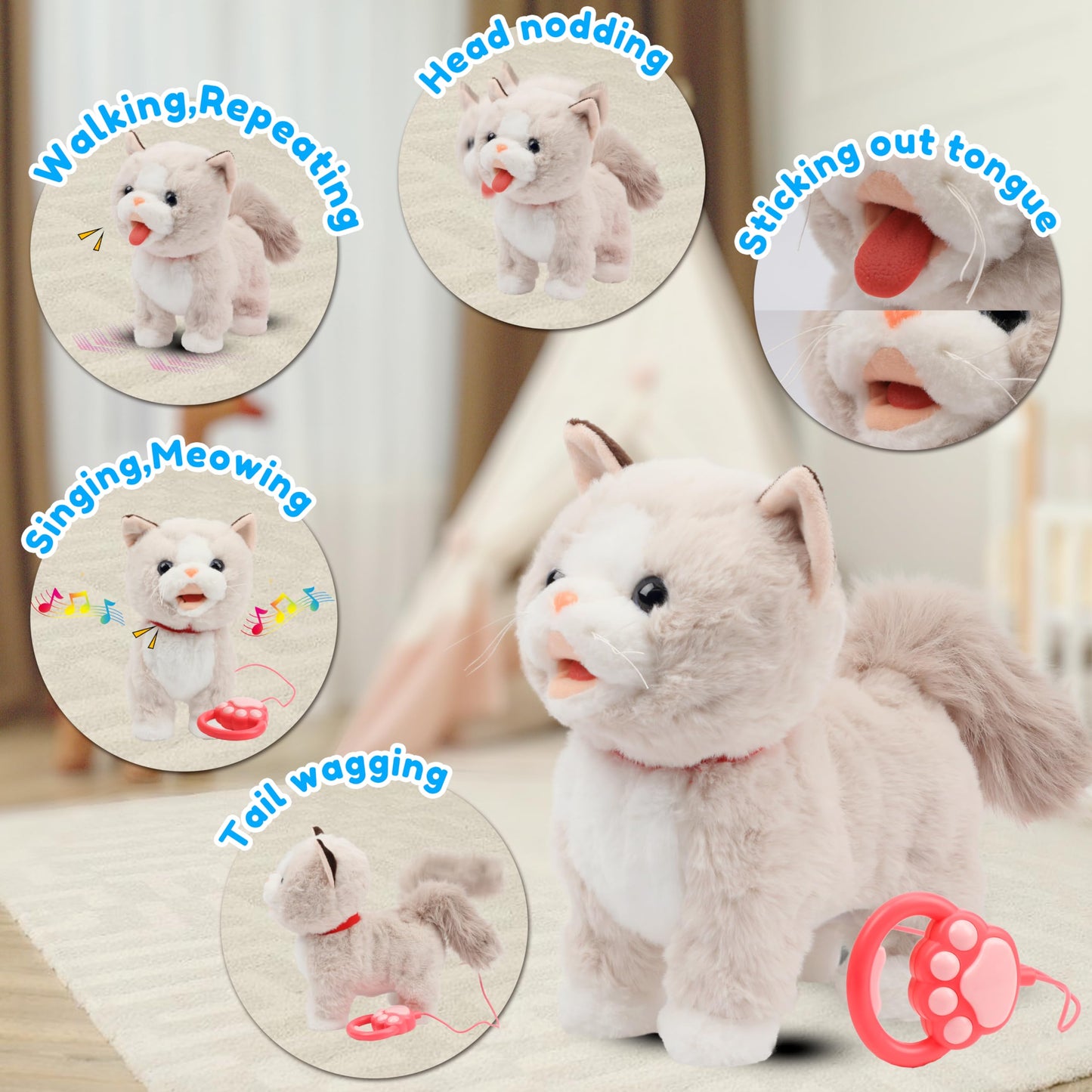 Easfan 12' Walking Kitty Electric Interactive Talking Musical Cat Plush Toy With Remote Control Leash Meowing Tail Wagging Christmas Birthday Gifts For Kids Toddlers, Beige