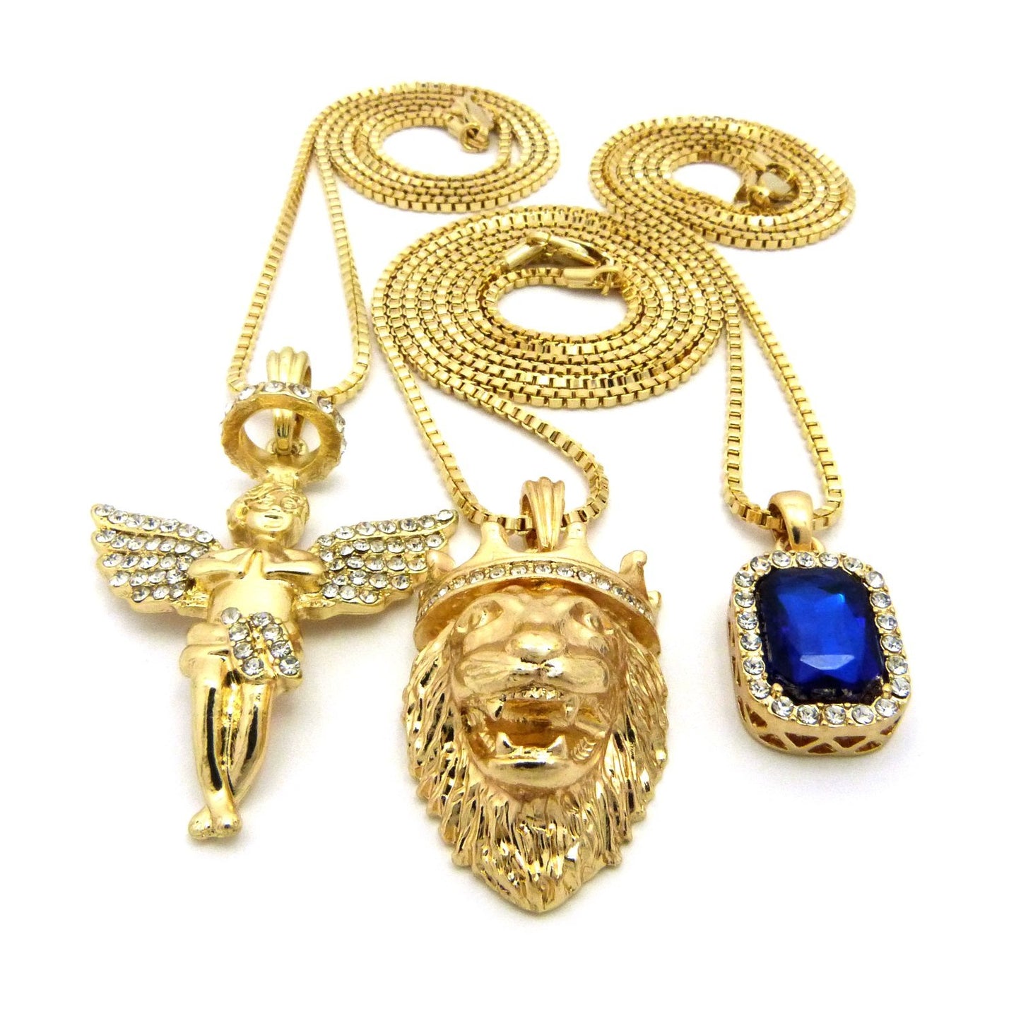 Fashion 21 Micro Colorful Gemstone, Angle, Lion Pendant 24'',30'' Box Chain 3 Necklace Set Gold Tone RC1413G (Blue)
