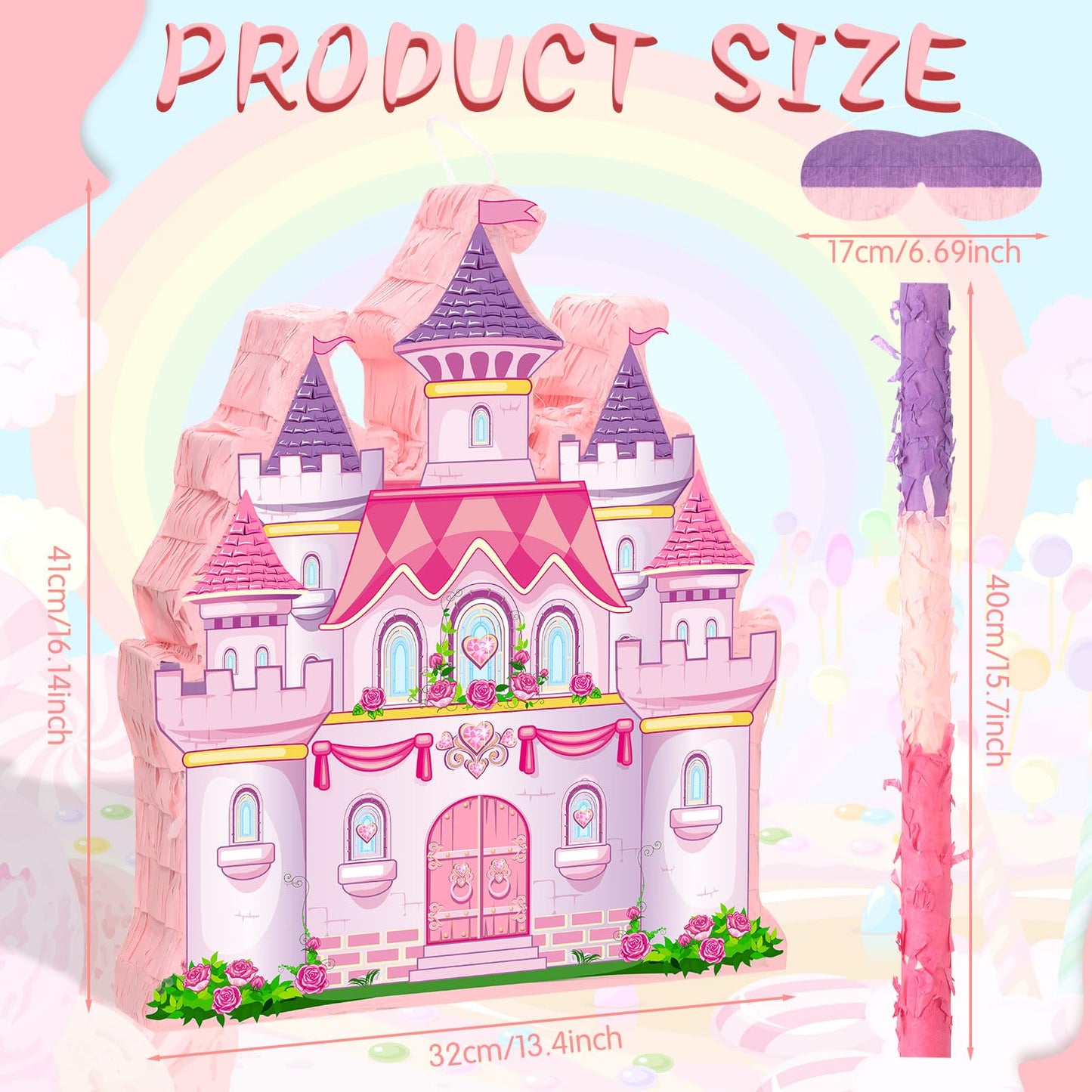 Princess Castle Piñata Bundle Girl Princess Party Piñata Set Include Pink Castle Piñata Stick And Blindfold Mask For Princess Theme Birthday Party Supplies Decor, 16.1 X 13.4 X 3.2 Inch