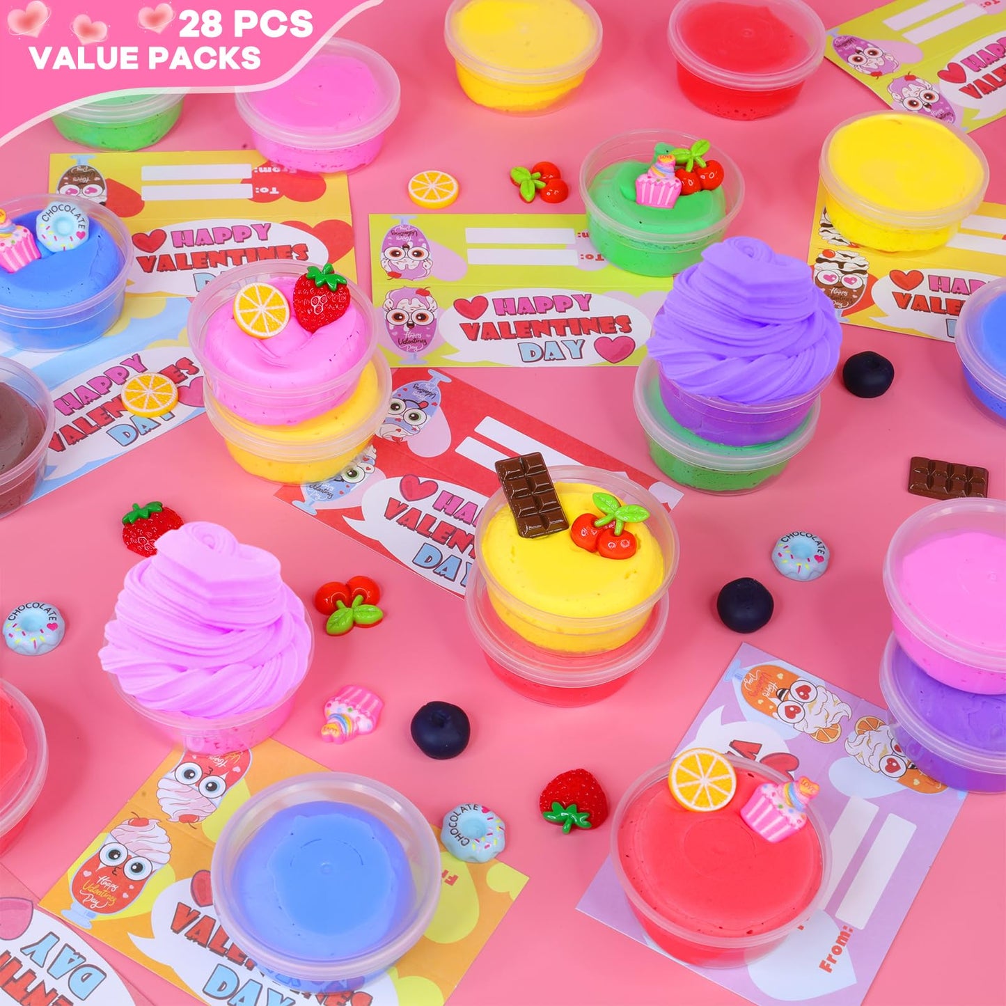 28 Pack Prefilled Valentines Butter Slime With 28 Valentines Day Gifts Cards For Kids, 7 Color & Fruit Charms Diy Valentine Slim
