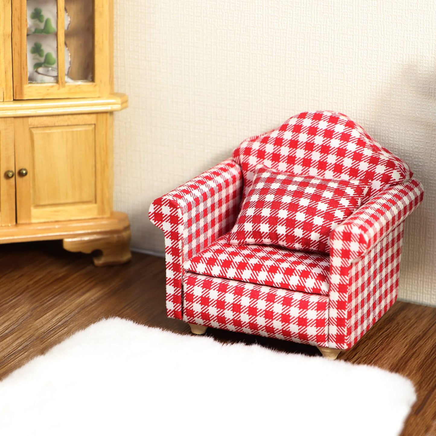 Dollhouse Couch With Pillow 1 12 Scale Miniature Sofa Arm Chair Living Room Furniture Wooden Fabric Frame Single Reading Chair Artificial House Room Scene Decoration (Plaid)