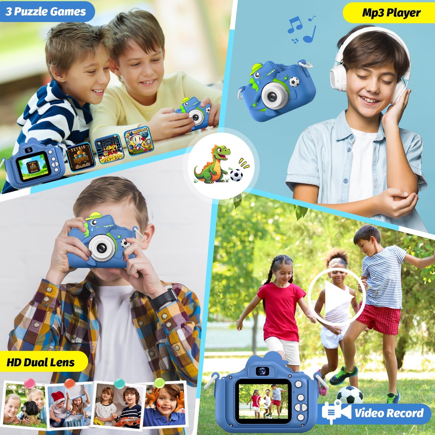 Dinosaur Kids Camera For Boys Girls, Toddler Digital Selfie Camera With Cute Protective Cover And 32G Sd Card, Christmas Birthda