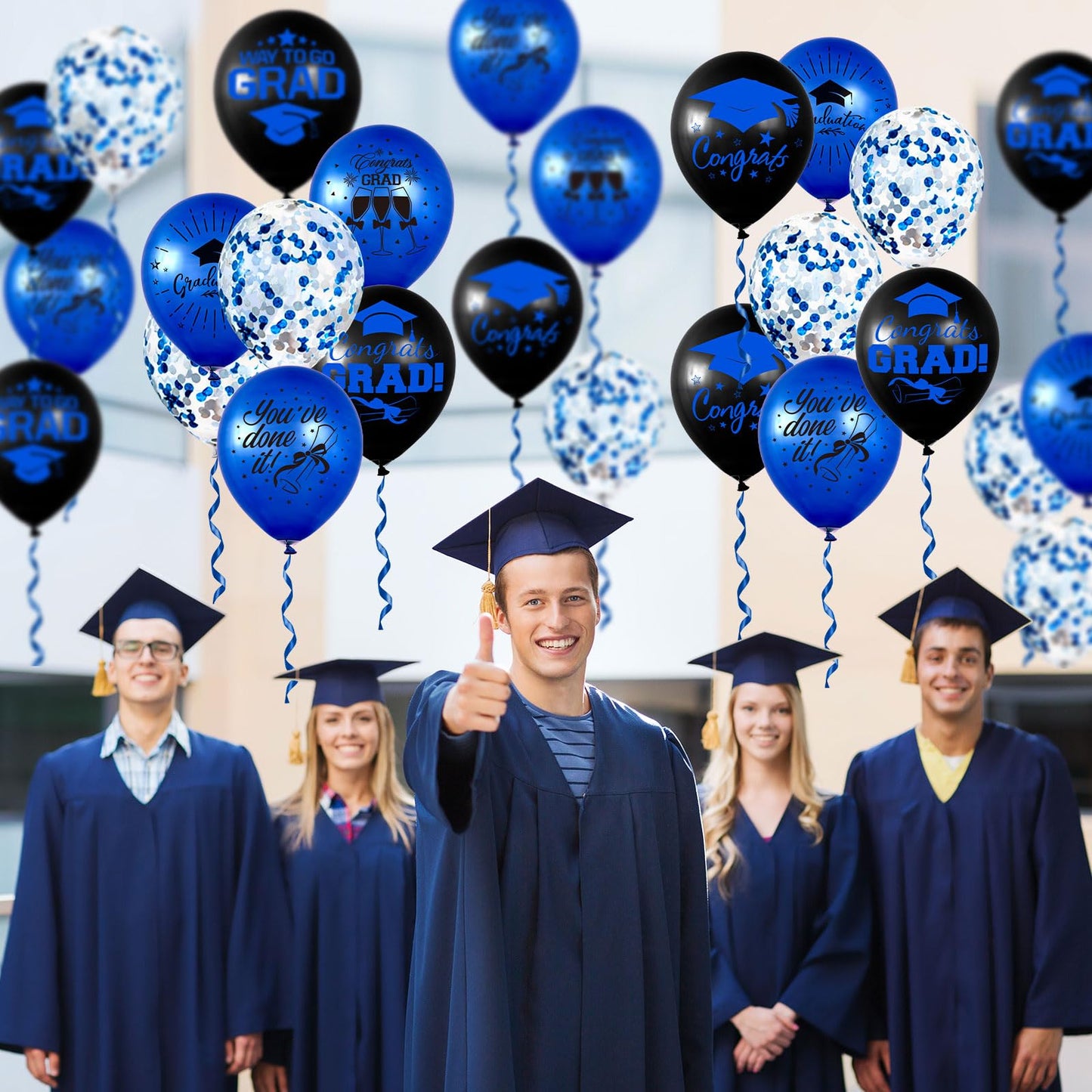 Whaline 60Pcs Graduation Party Balloon Set 7 Designs Confetti Latex Balloon With 2 Rolls Ribbon Grad Cap Congrats Grad Balloon For Graduation Party Decoration Supplies (Blue, Black)