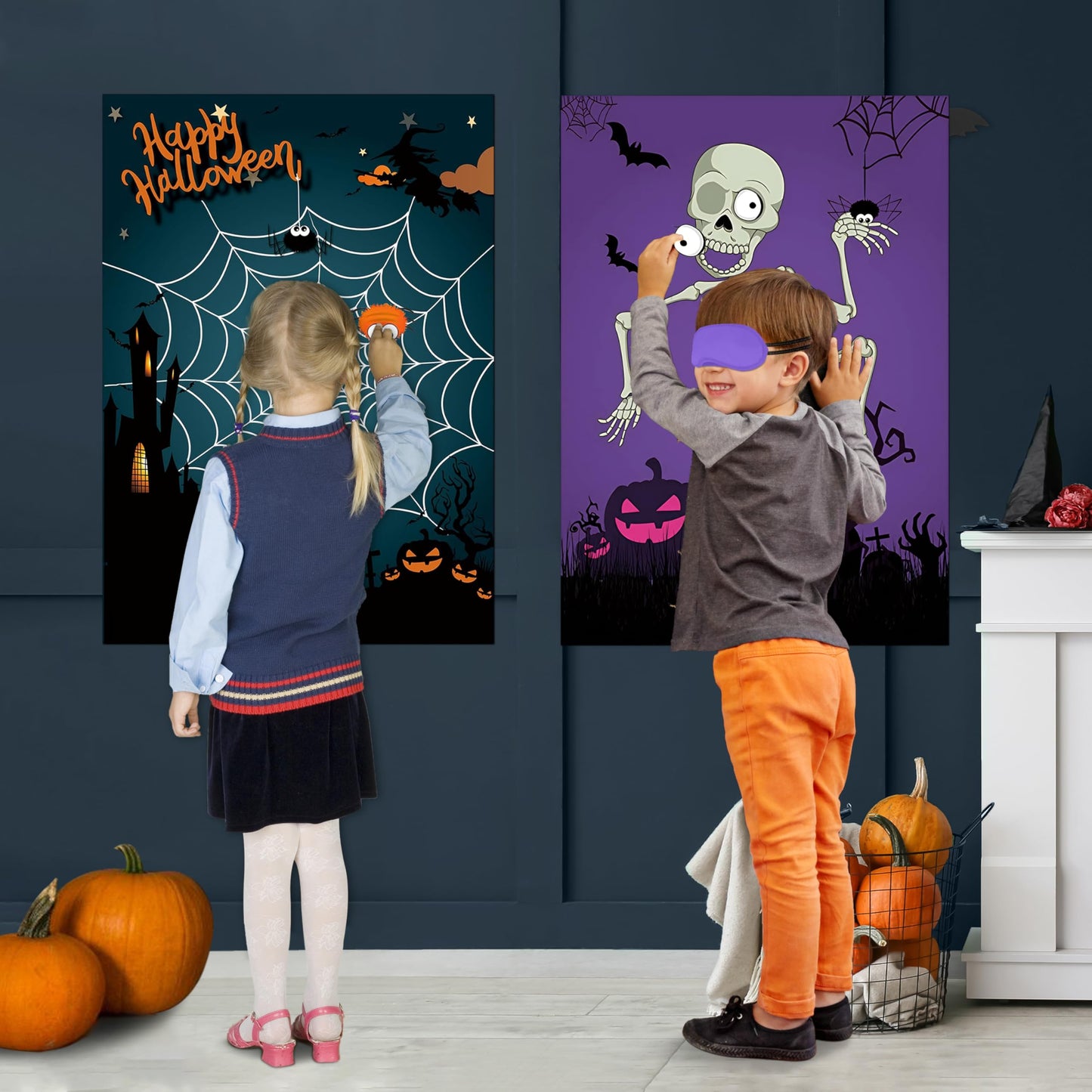 Boramdo Halloween Party Games Halloween Pin The Game Poster With 96 Stickers And 4 Blindfolds, Halloween Pin The Tail Game For H