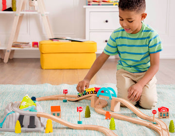 B. toys Wooden Train Set - 47pc with Tracks & Accessories, Storage Bucket, Multicolor, Model BX1792Z - Classic Toy for Kids 3 Years+