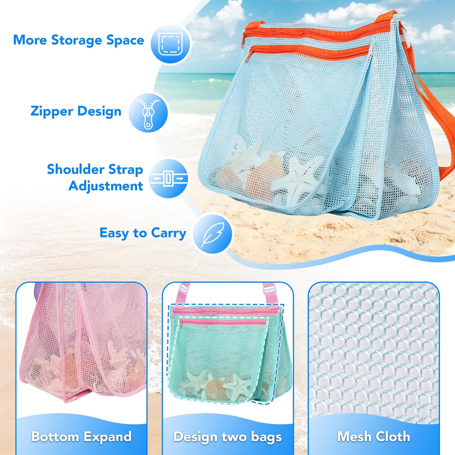 Lidago Beach Toy Set Include 2 Mesh Shovels And 2 Beach Mesh Bags,Kids Sand Sifter For Shells Collecting
