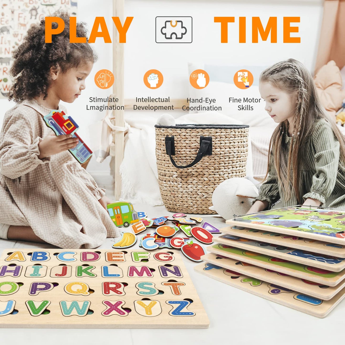 Wooden Puzzles For Toddlers With Storage Rack, Wood City Toddler Puzzles Ages 3-6 For Kids, Learning Preschool Wood Puzzle For Boys And Girls-6 Pack Alphabet Number Shape Fruit Animal Vehicle