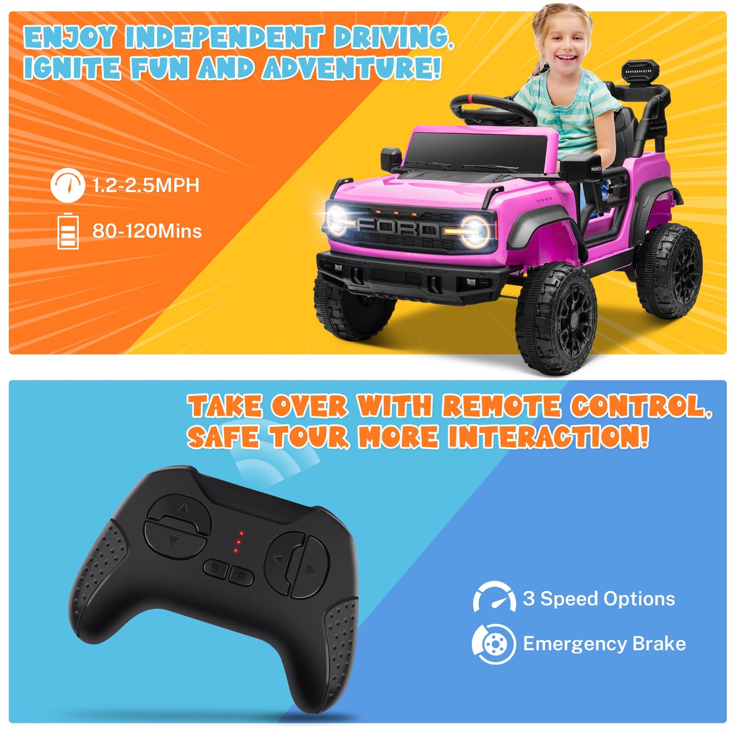 Enyopro 12V Ford Bronco Raptor Ride On Car For Kids, Electric Power Car Ride-On Toy For Toddlers W/Remote Control, 4 Wheels Spri