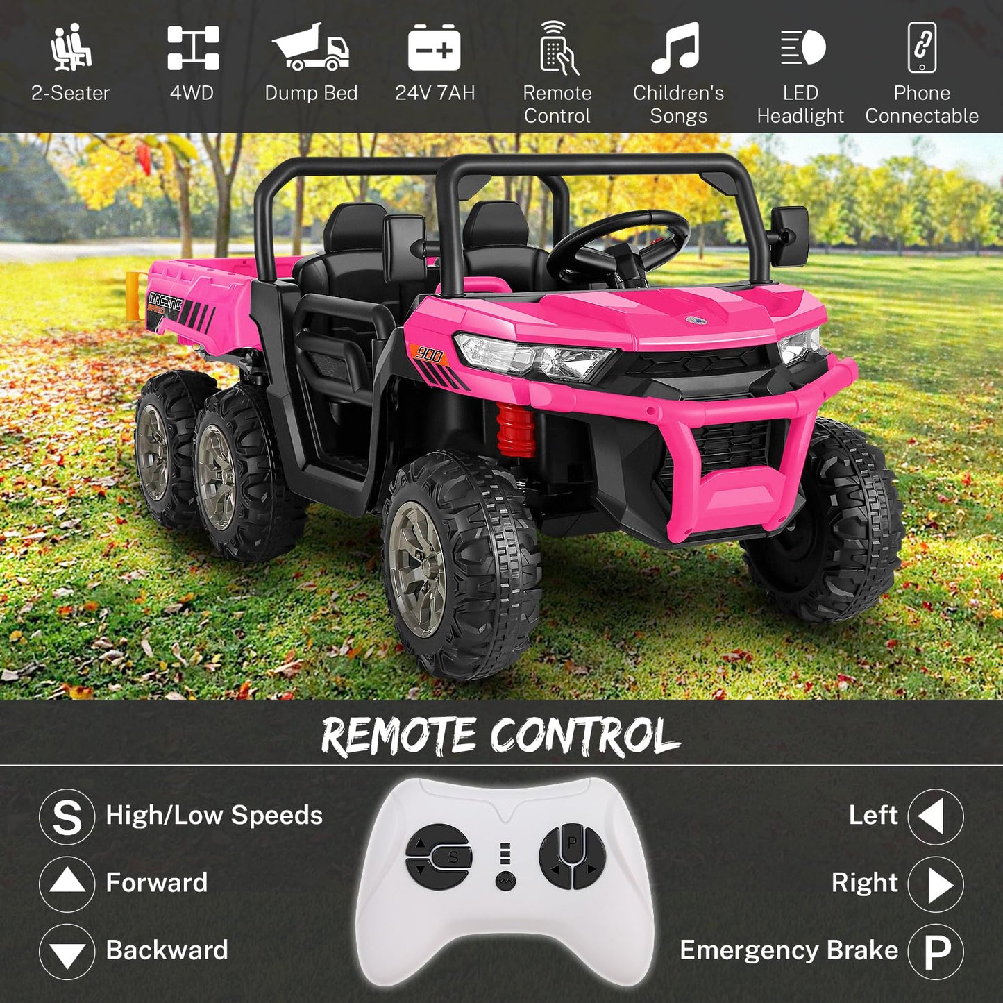 Hikole 2 Seater Ride On Utv For Kids, 24V 6X6 4Wd Ride On Dump Truck With Remote Control, Dump Bed, Extra Shovel, 3 Speeds, Musi