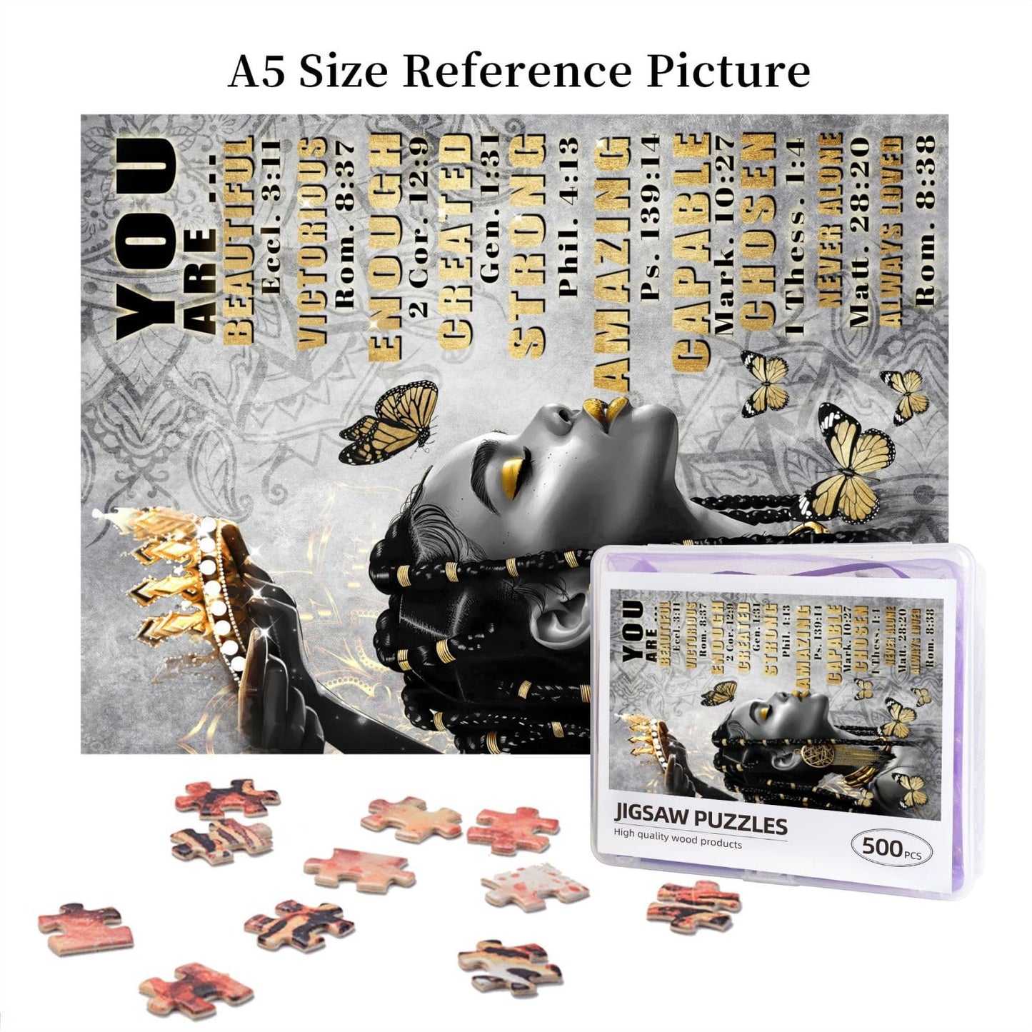 African American Puzzles For Adults 500Pcs Afro Black Queen Jigsaw Puzzles Scripture Bible Verse Inspirational Quotes Butterfly