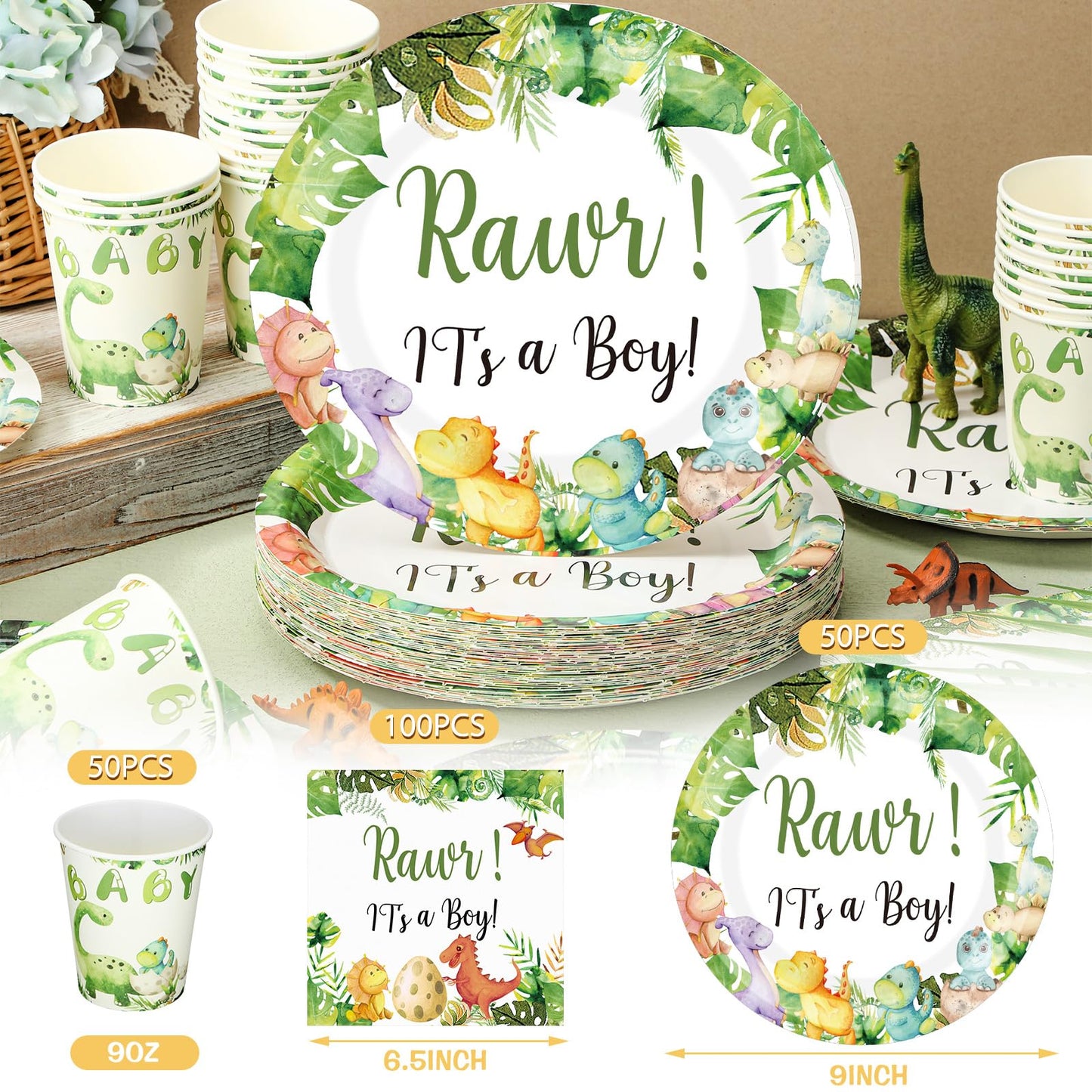 200 Pcs Dinosaur Baby Shower Paper Plates Napkins Cups Baby Shower Party Supplies Tableware Set Dinosaur Disposable Cup Napkin F