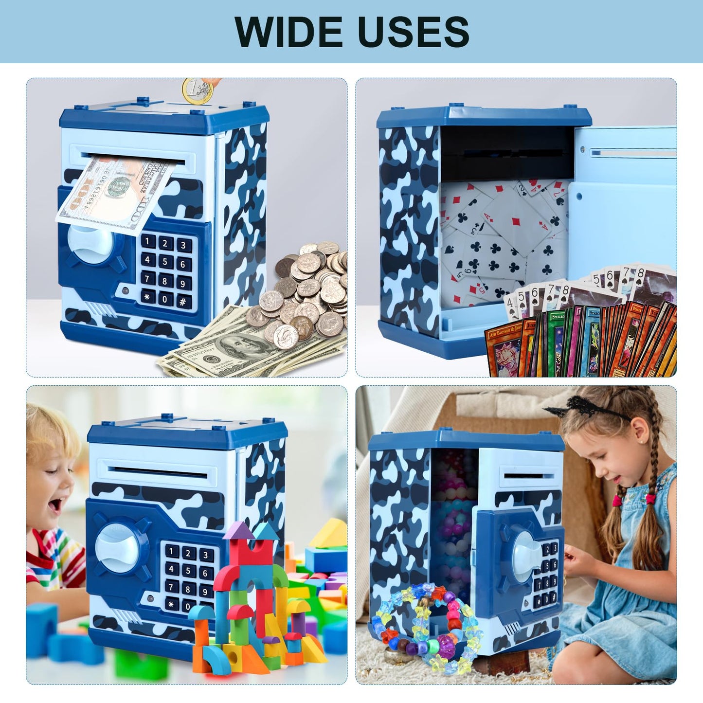 Pup Go Electronic ATM Piggy Bank for Kids Ages 3-12 Years Old Pasdecorative replica blade Money Safe with Auto Cash Scroll Fun Money Saving Box Coin Bank Best Birthday for Boys & Girls (Camo Blue)