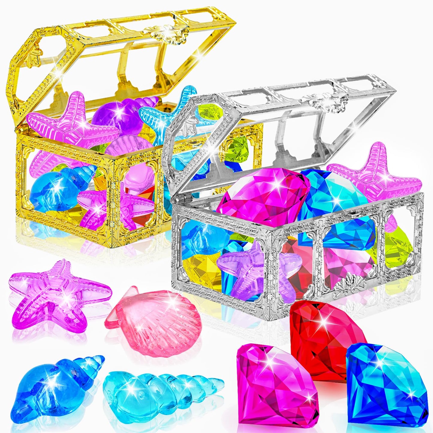 Mgparty 24Pcs Diving Gem Pool Toys Colorful Diamonds Set With Treasures Pirate Box Summer Toy Underwater Swimming Toys For Boys And Girls Pool Games Water Toys