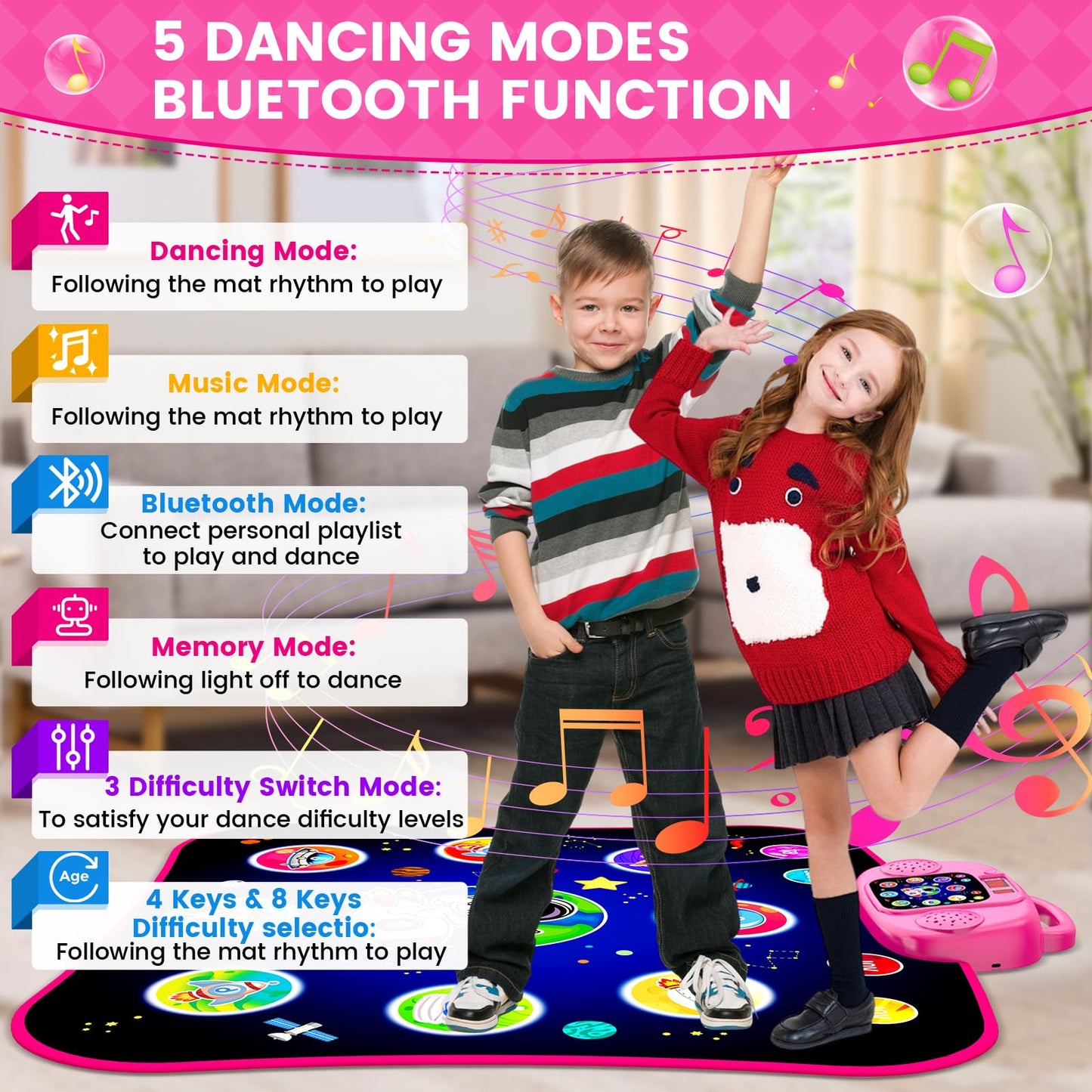 JAMLAMQ Pink Dance Mat Toys for Ages 5-12, Bluetooth Electronic Dance Pad for Kids, Perfect Birthday Gifts for Girls
