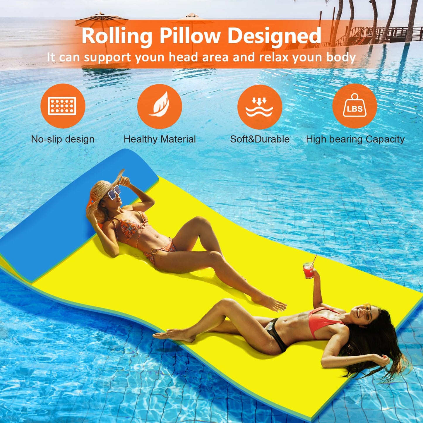 ZIPEAK Lily Pad Floating Mat - 10' x 5' Tear-Resistant XPE Foam, Yellow/Blue, with 16.4 FT Bungee Tether for Lake & Pool