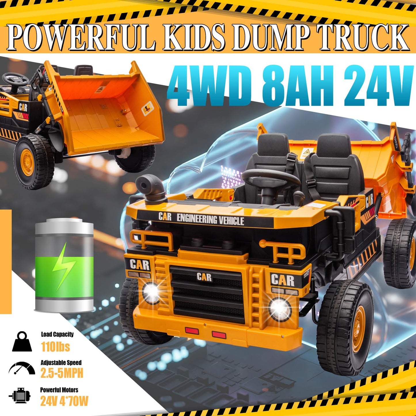 Ride on Dump Truck 24V, 4X70W Ride on Construction Vehicles Powerful Motors Up to 5Mph, 4WD Kids Car with Remote Control, Electr