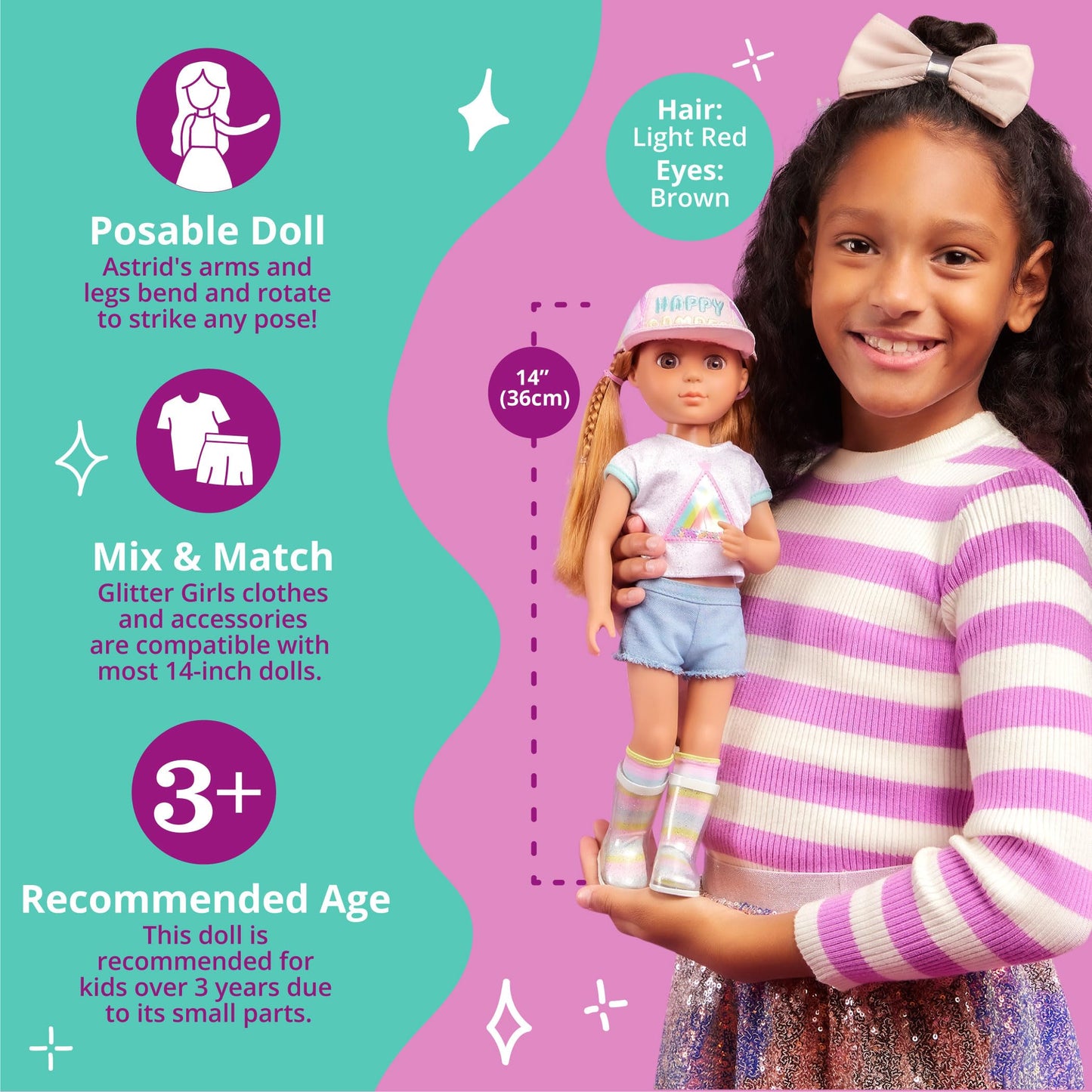 Glitter Girls – Astrid 14-Inch Poseable Doll – Red Hair & Hazel Eyes — Camping Outfit, Matching Cap, And Glitter Boots –Toys, Clothes, And Accessories For Kids Ages 3+