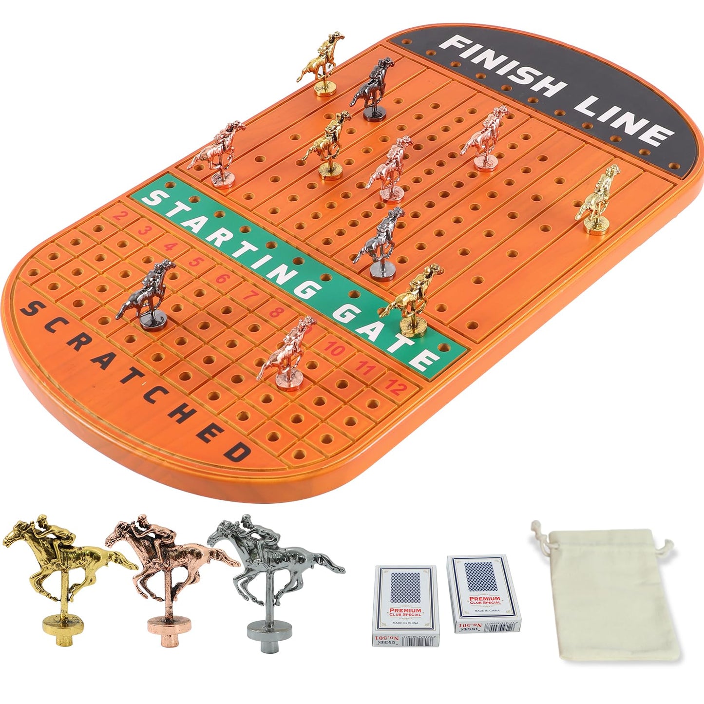Jyquorp 21 Inches Horse Race Board Game Racing Game Solid Wood With 11 Luxurious Durable Classic Metal Horses With 4 Dice And 2