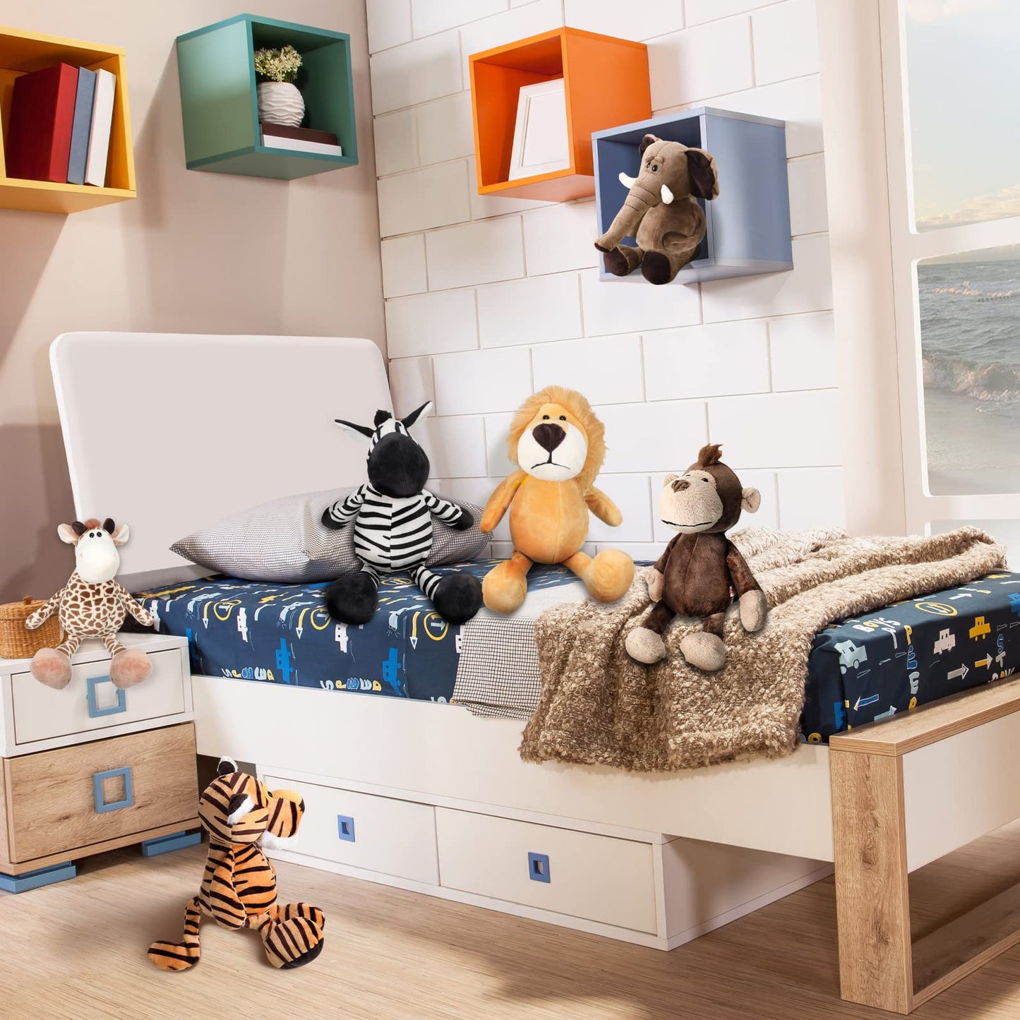 6 Pieces Safari Stuffed Animals Plush Jungle Animal Toys Set For Boys Girls, Lion Elephant Zebra Giraffe Tiger Monkey For Animal Themed Parties Student Award Christmas (Cute Style)