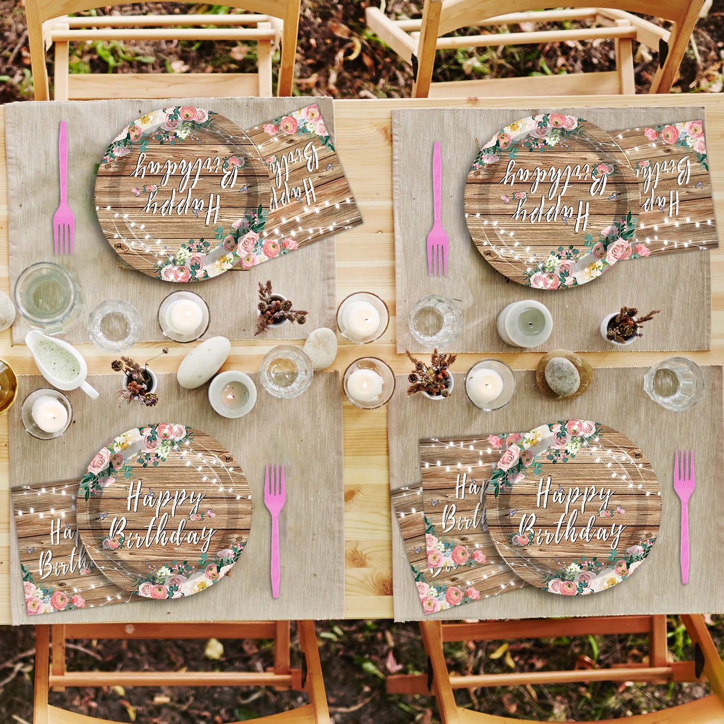 Tevxj 96PCS Spring Pink Floral Birthday Party Plates Wood Grain Flower Rustic Tableware Set for Girls Kids Bridal Shower Party S