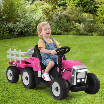 Costzon Ride On Tractor With Detachable Trailer, 12V Kids' Electric Vehicles W/3-Gear-Shift Ground Loader, Wireless Design & Usb, 7 Led Headlights, Remote Control Tractor Toys For Kids 3+ (Pink)