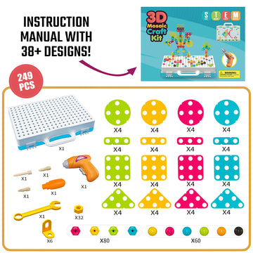 249 PCS STEM Learning Toys - Electric Drill DIY Educational Set, Creative Engineering with Various Shapes and 5 Toy Tools - 2&3D