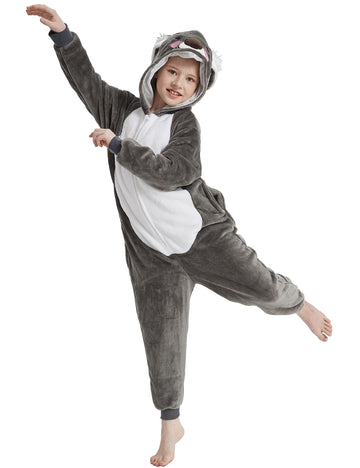 Acogna Onesie Kids Plush Animal Koala Costume One Piece Pajamas Girls Boys Teen Halloween Cosplay Sleepwear Gray 10-11 Years