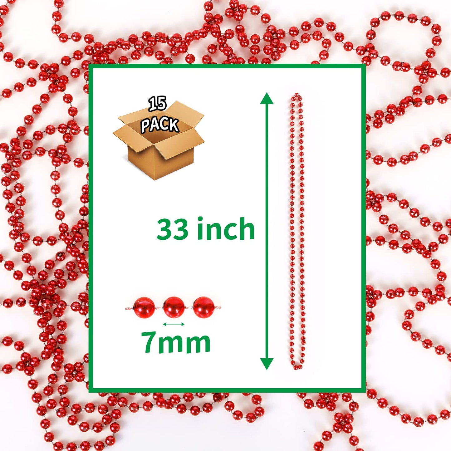 YAXINRUI 33 Inch 7 mm Metallic Red Bead Necklaces, 15pcs Mardi Gras Beads Bulk Round Beaded Necklaces Costume Necklace for Mardi