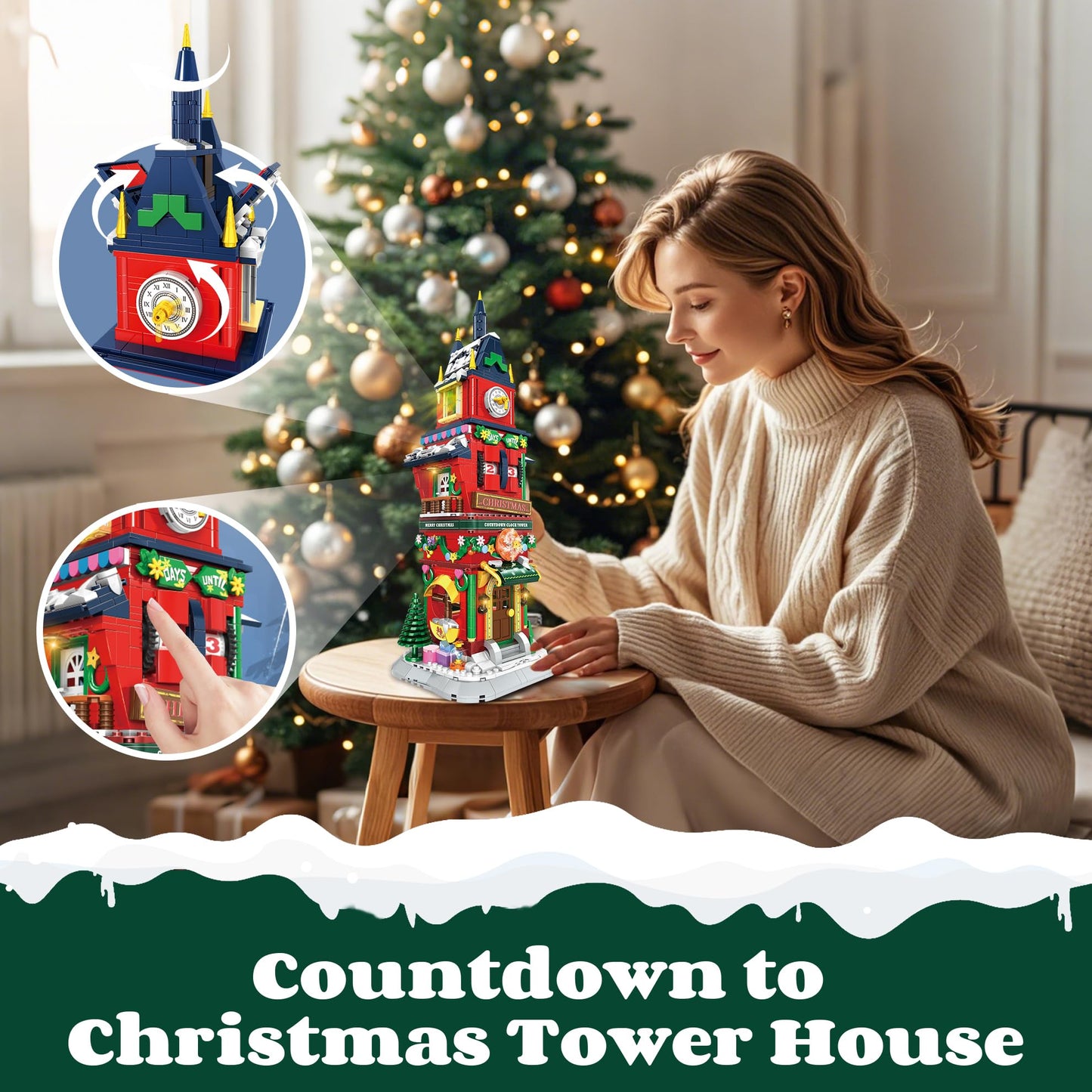 Christmas Countdown Tower House Building Toys - LED Light Christmas Village House Building Set with Countdown Clock Festival Model Gift Idea for Kids 6+